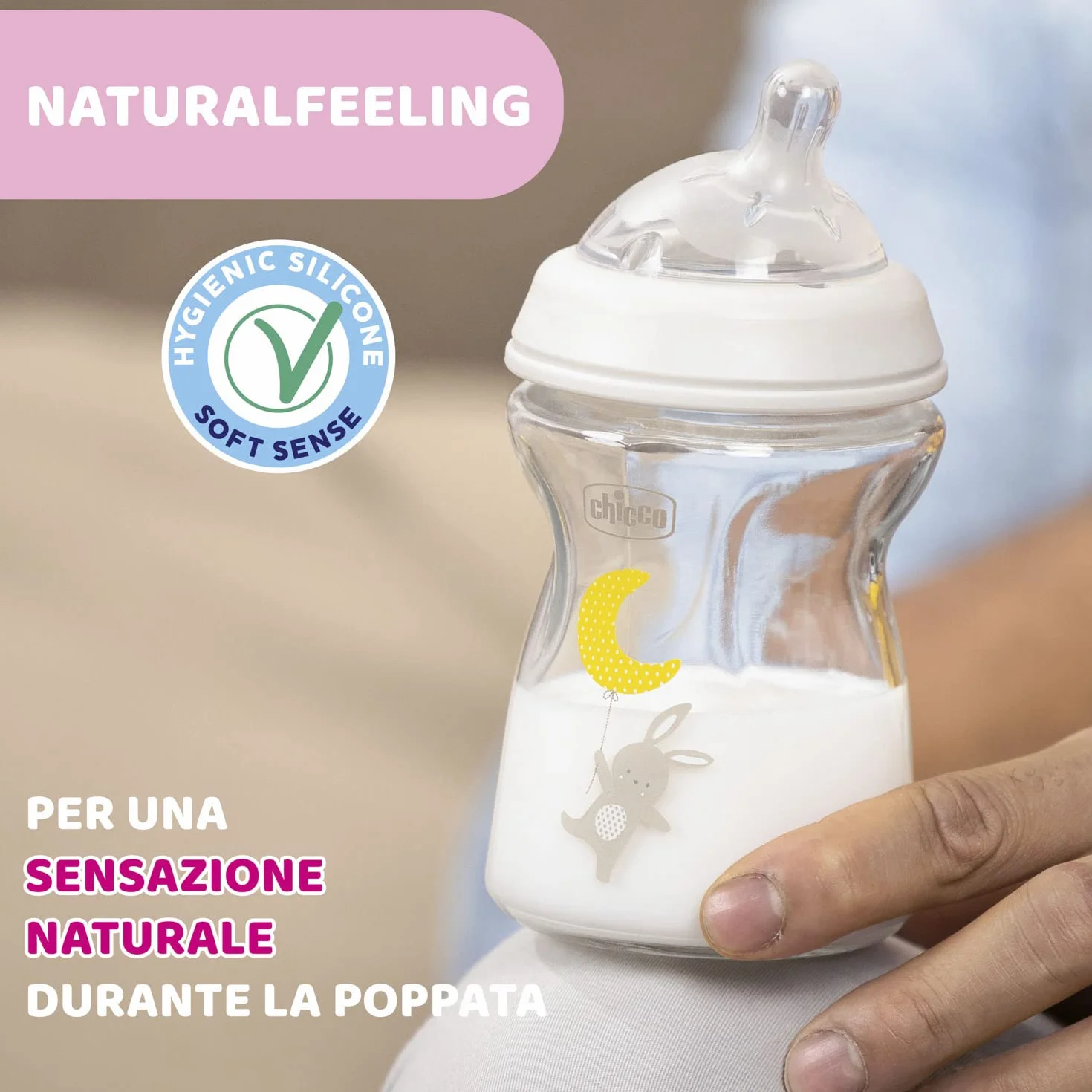 Chicco Natural Feeling Biberon Anticolica 0 Mesi + da 250 ml in vetro, Biberon con Tettarella in Silicone Morbida e Flessibile, Adatto per Allattamento Misto, flusso lento, Colore Neutro
