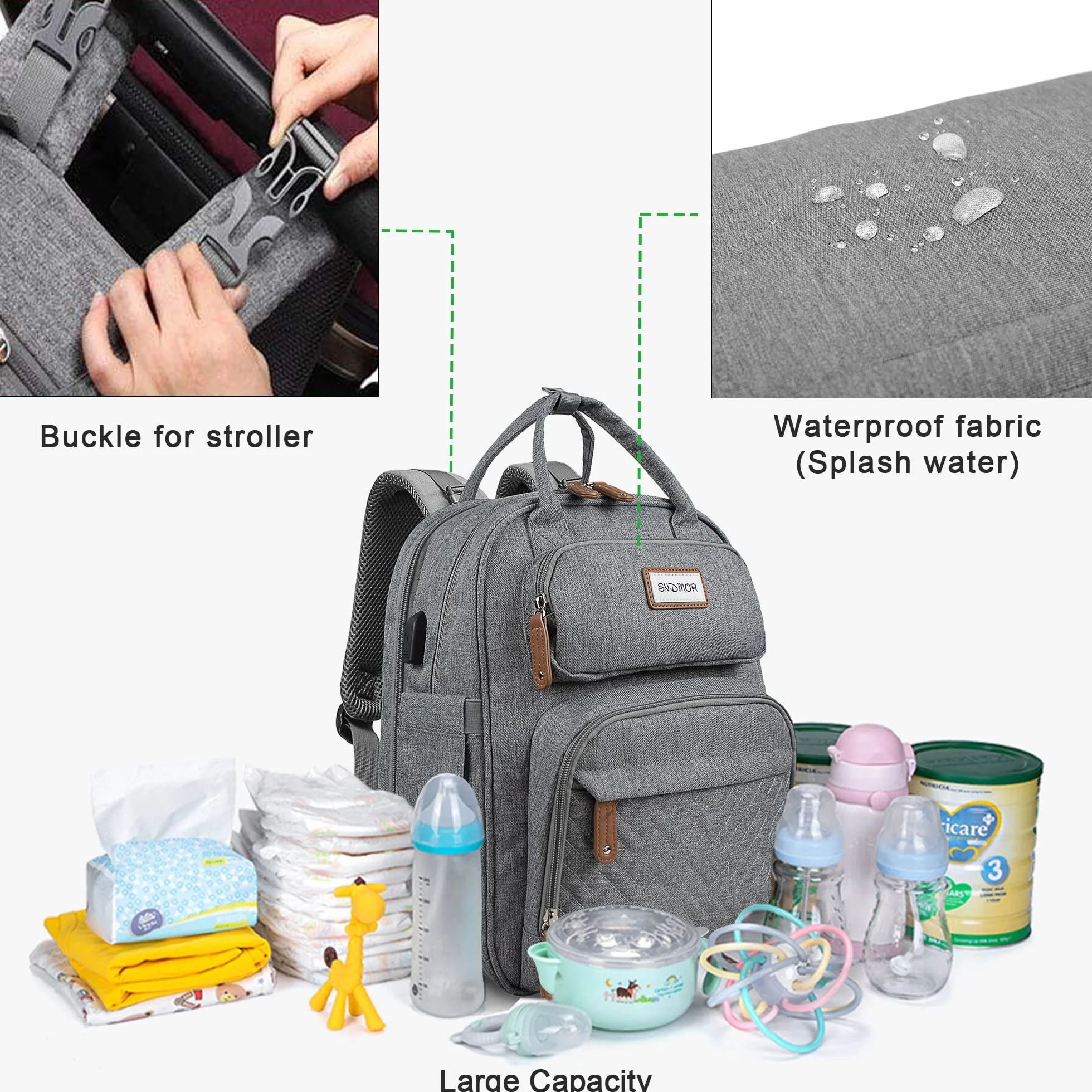 SNDMOR Zaino per Fasciatoio, Borsa per Bebè Unisex Grande con Fasciatoio, Grande Capacità, Impermeabile alla Moda (Grigio Chiaro)