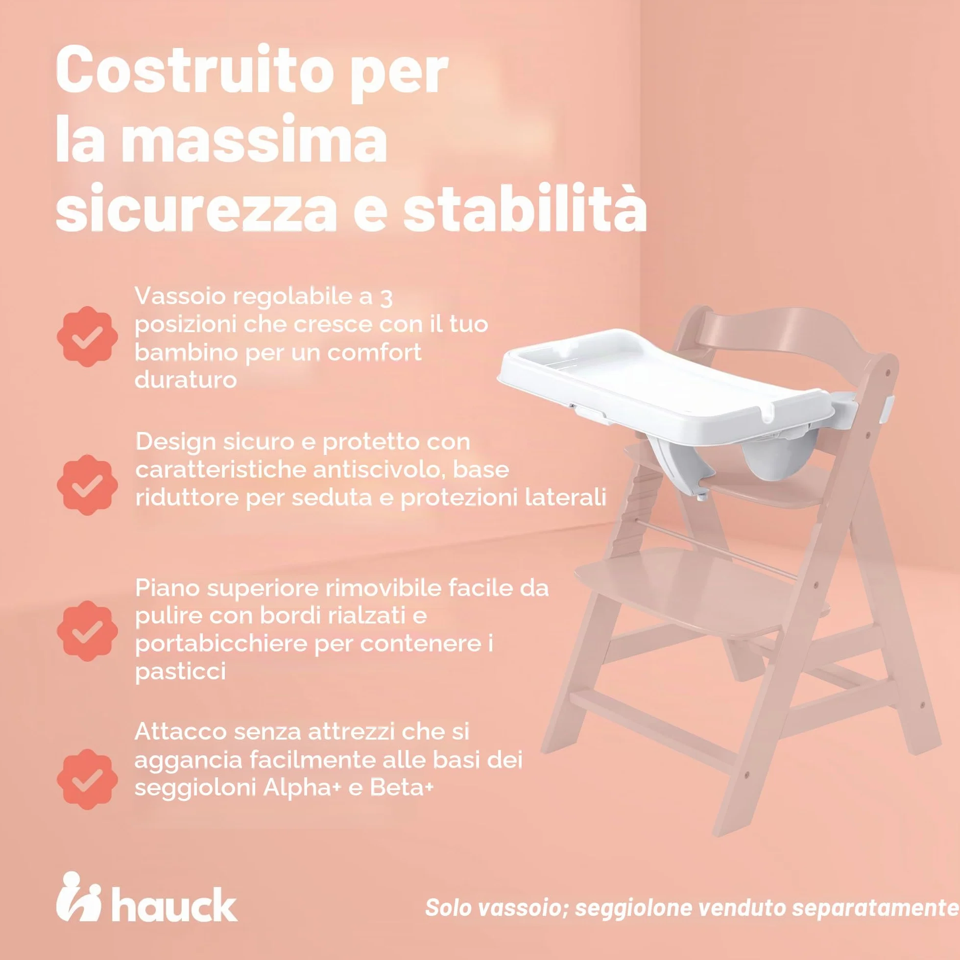 hauck Alpha Tray, Bianco - Vassoio Pappa 3in1 per Seggiolone Alpha+ e Beta+ - con Riduttore di Seduta, Bordo Rialzato e Portabicchiere - Regolabile in Profondità - Facile da Pulire