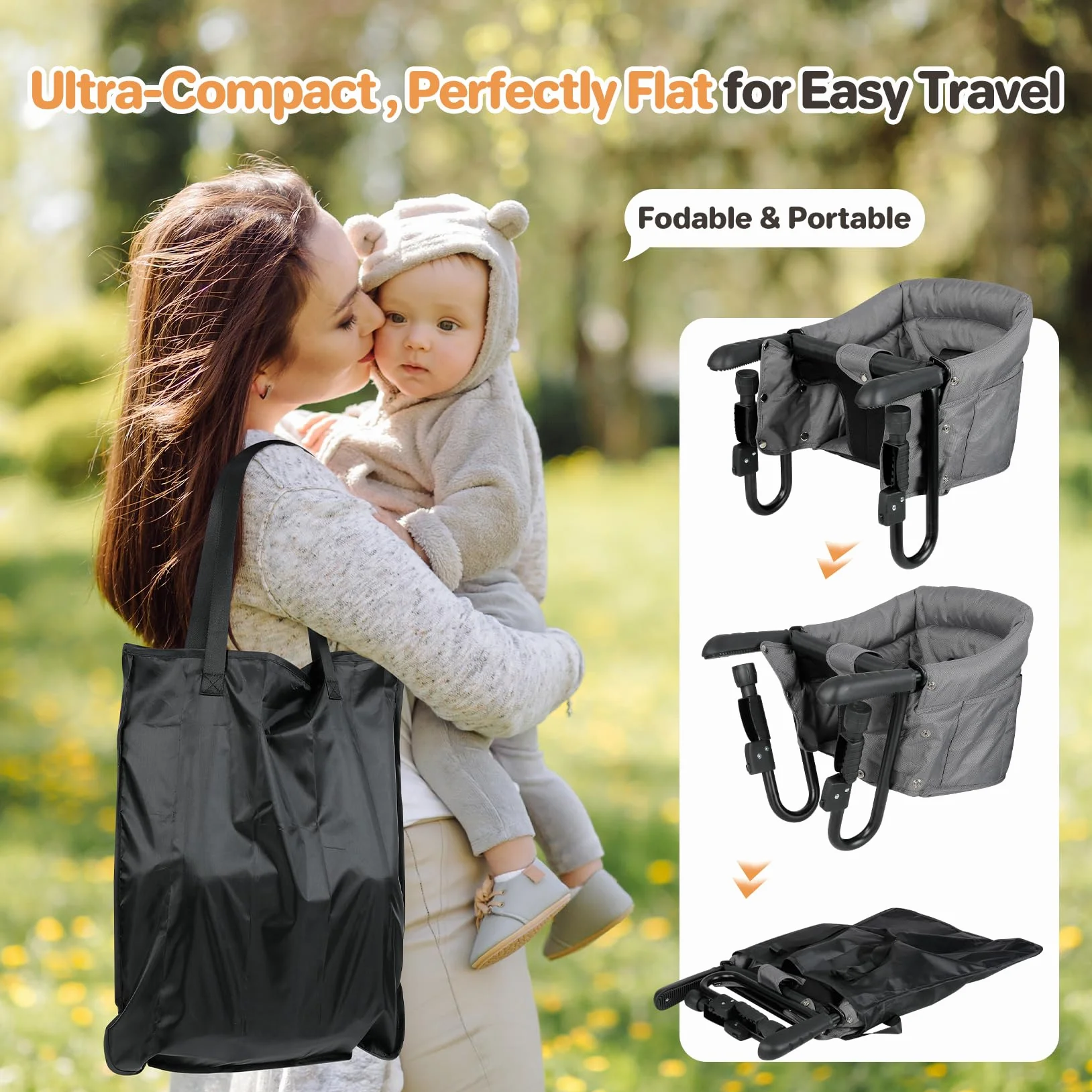 Ezebaby Seggiolone da tavolo pieghevole con cintura di sicurezza a 5 punti e borsa per il trasporto di spessore da 2,5 a 7,5 cm (grigio, con vassoio)