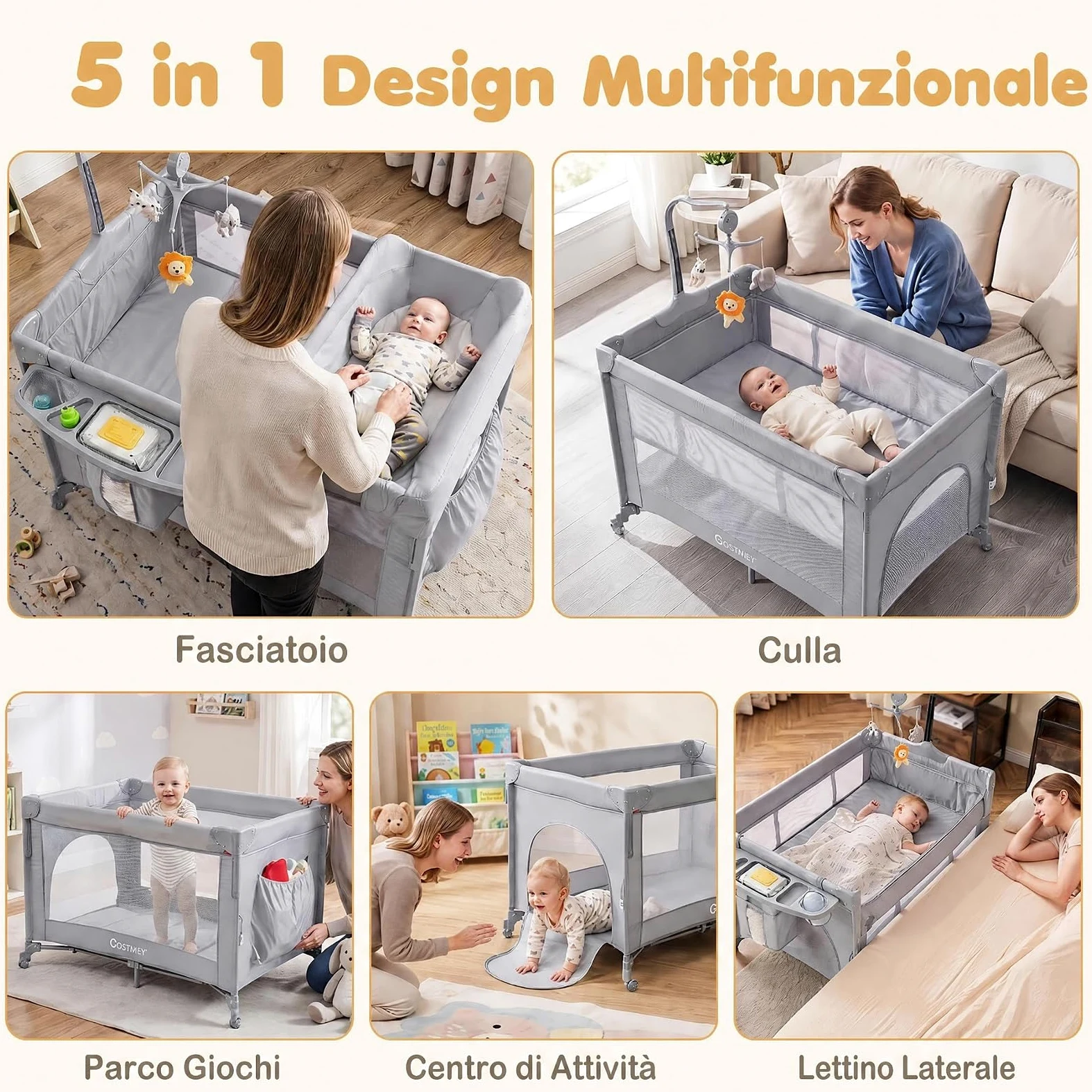 COSTWAY 5 in 1 Culla Co-sleeping Pieghevole per Neonato con Ruote (Grigio) | Lettino da Affiancare Portatile con Fasciatoio, Meterasso, Giocattoli e Carillon, Altezza Regolabile, per Bambini 0-3 Anni
