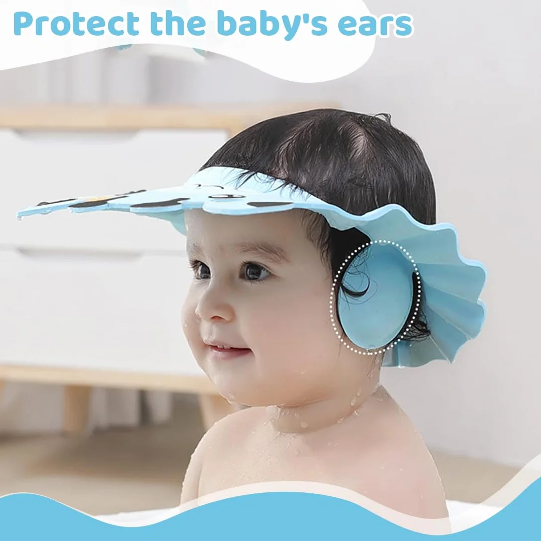2 cuffie da doccia per bambini con protezione per le orecchie, ausili per lo shampoo, cuffie per il lavaggio dei capelli dei neonati (disegno con orso blu).