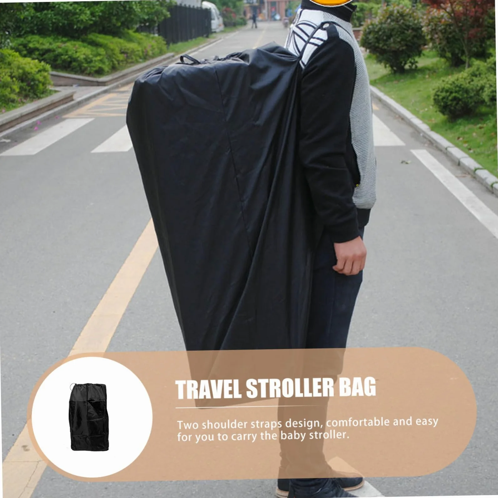 Borsa da Viaggio per Passeggino Nero in Nylon, per Aereo | Doppie Spalline, Chiusura a Coulisse Bloccabile, Cuciture Rinforzate per Tratte e Trasferte