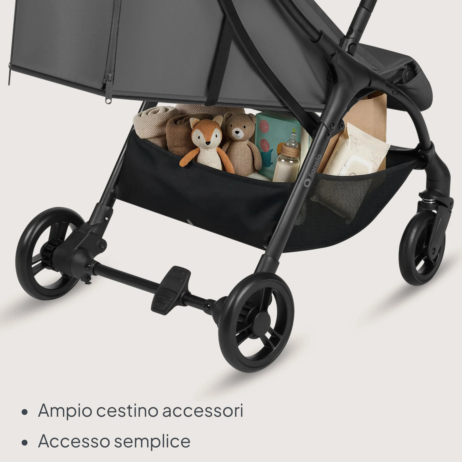 Lionelo AGIA Passeggino Leggero e Compatto fino a 22 kg / 4 anni Pieghevole con una Mano, Posizione Distesa, Seduta Ampia, Pannello di ventilazione, Ammortizzazione, Grande Cestello Regolazione Facile