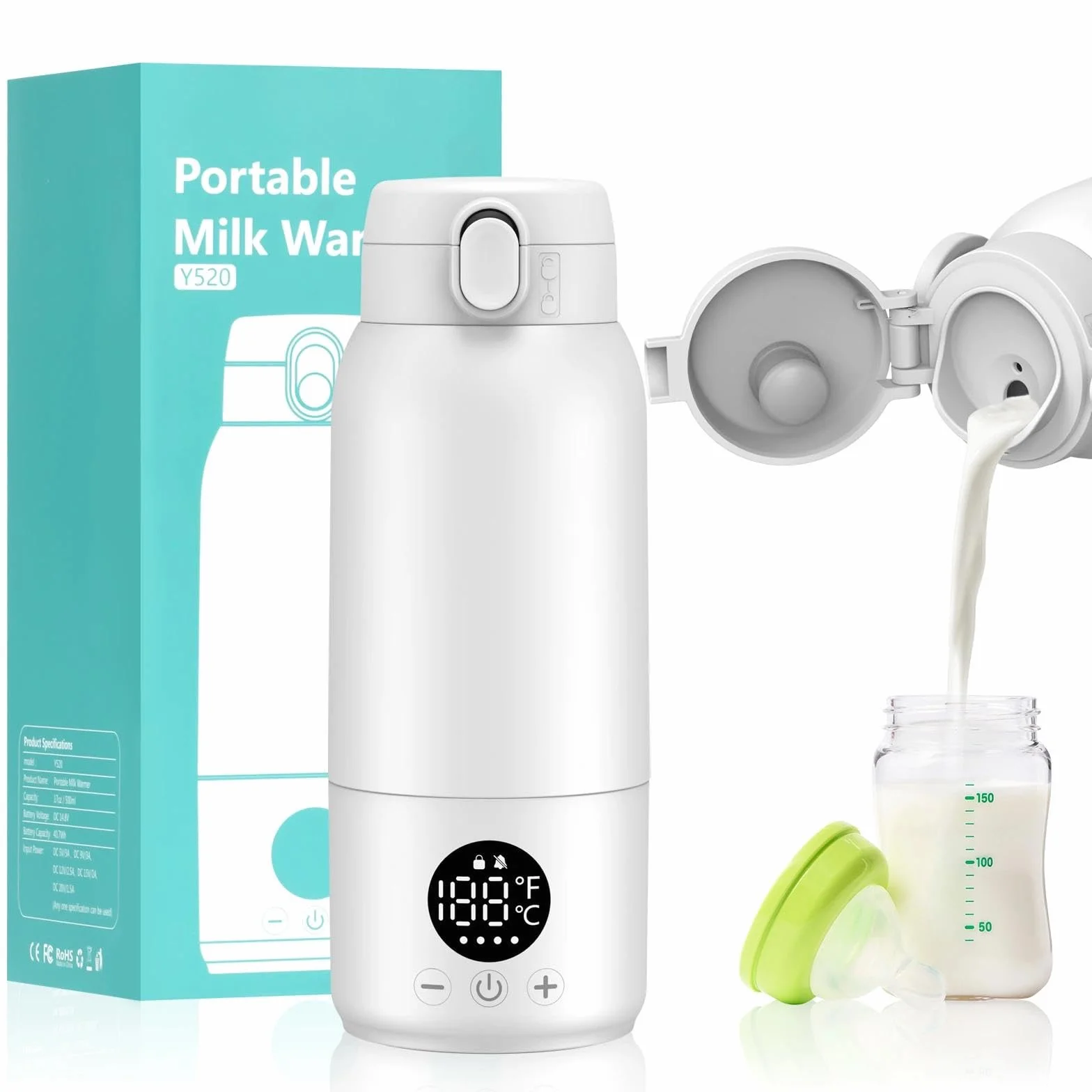 Scaldabiberon Portatile, 500ml Scalda Biberon Neonato, Riscaldamento Rapido e Lunga Durata della Batteria, Temperatura Regolabile 35 ℃-70 ℃, Scaldalatte per Neonati Ideale per Viaggi(Bianco)
