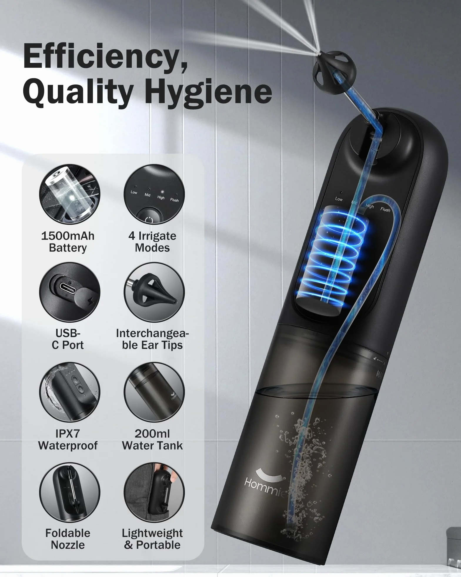 Hommie Kit Elettrico per la Rimozione del Cerume, Impermeabile IPX7 Kit di Irrigazione per la Pulizia delle Orecchie con 4 Punte Riutilizzabili