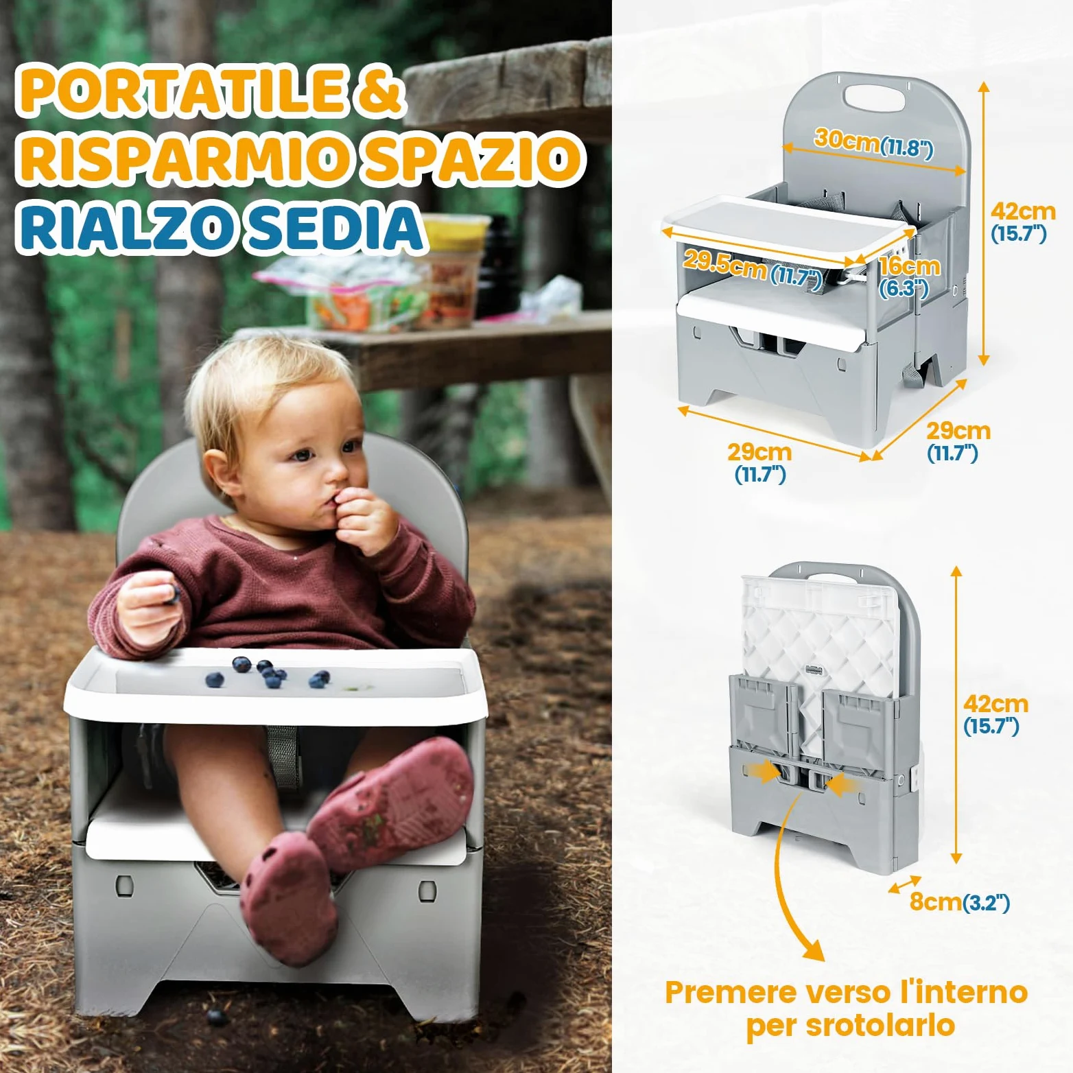 Orzbow Sedia pieghevole per bambini, stabile seggiolone da viaggio con vassoio rimovibile, materiale ABS e struttura stabile, sedia da campeggio portatile per bambini da 6 mesi a 3 anni, 15 kg, grigio