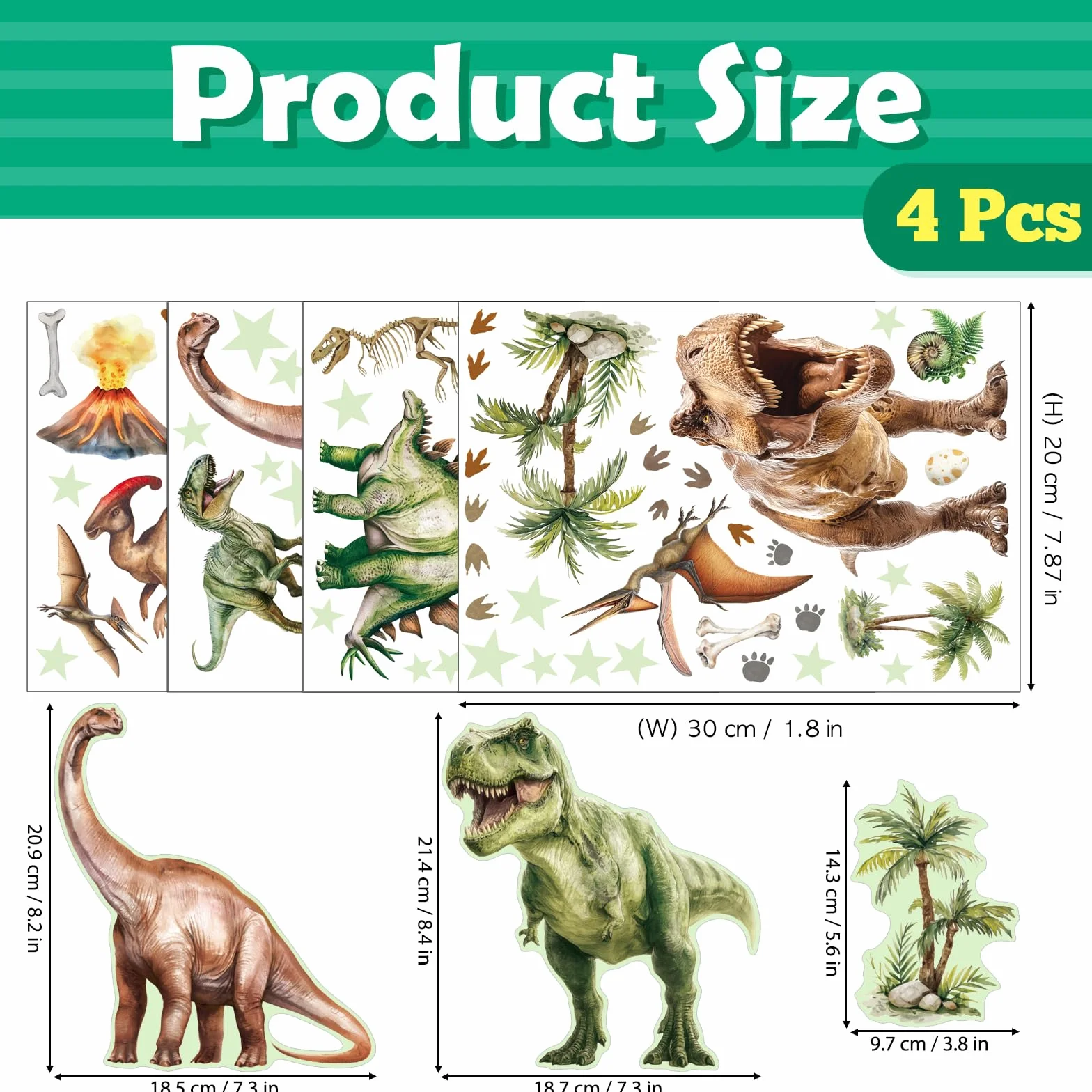 DECOWALL Adesivo da parete con dinosauro luminoso, grande T-Rex luminoso, triceratopo e vulcano, decorazione luminosa del cielo notturno, per cameretta dei bambini e sala giochi (GDS4-7004)