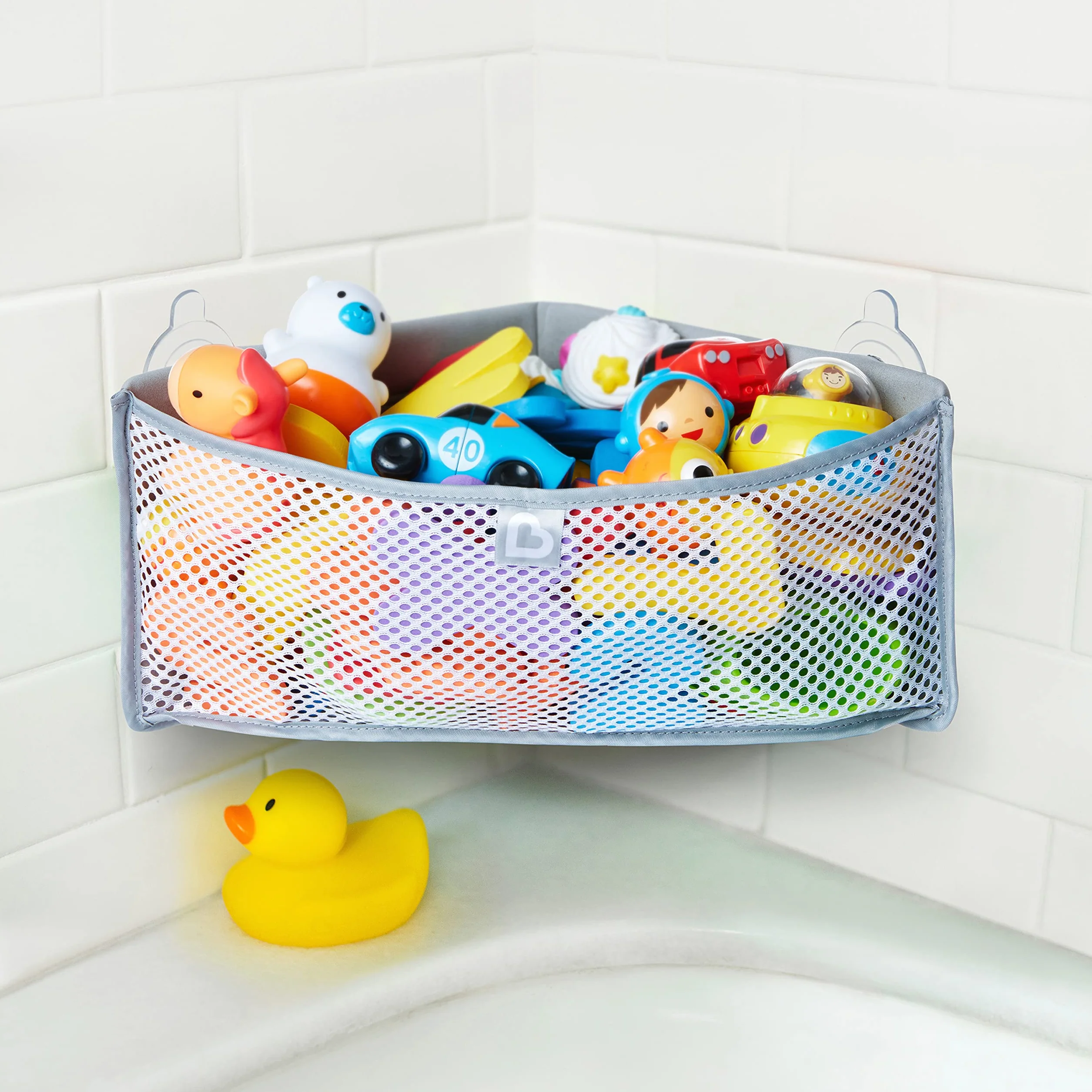 Munchkin High'n Dry Baby Bath Toy Storage Basket| Hanging Bath Tidy for Corner Bath Wall| Soft Baby Bath Caddy & Bath Organiser Rack| Shower & Bath Toy Holder| Bathroom Toy Net with Suction Cups