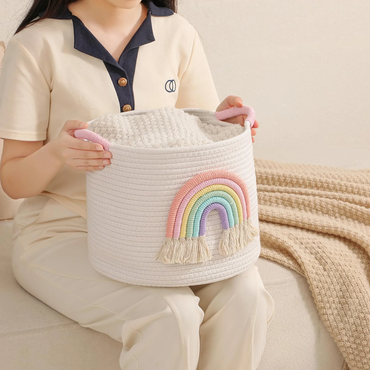 Cestini di immagazzinaggio dei giocattoli, cesto di stoccaggio in corda di cotone tessuto con decorazione arcobaleno per bambini, cestini per coperte, organizer per giocattoli, cestino arcobaleno per