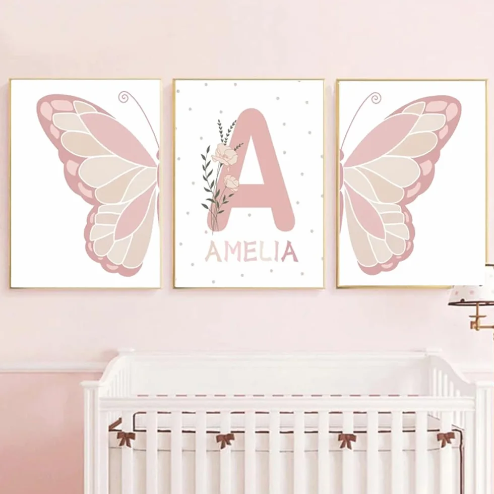 Generico 3 Quadri Personalizzati Nome Nascita Stampe Bimba Farfalla Rosa 30x 40 cm Quadro Cameretta Bambina Decorativi da Parete Bambini Poster Camera Ragazza Ragazzo Regalo Tela senza Cornice