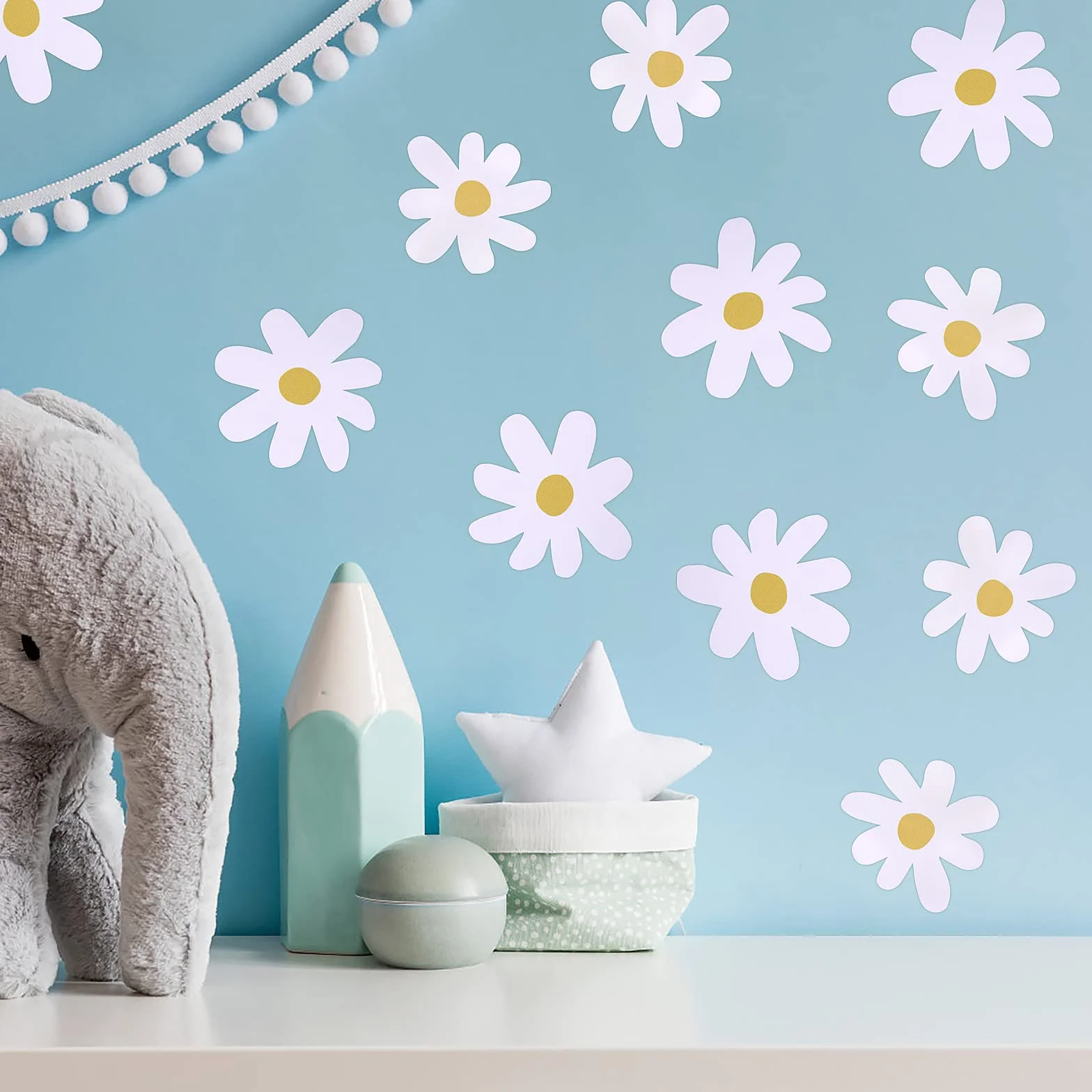 Bremorou 36 adesivi da parete per cameretta dei bambini, margherite, autoadesivi, decorazione da parete, bianchi, vinile, decorazione floreale, rustico, impermeabile