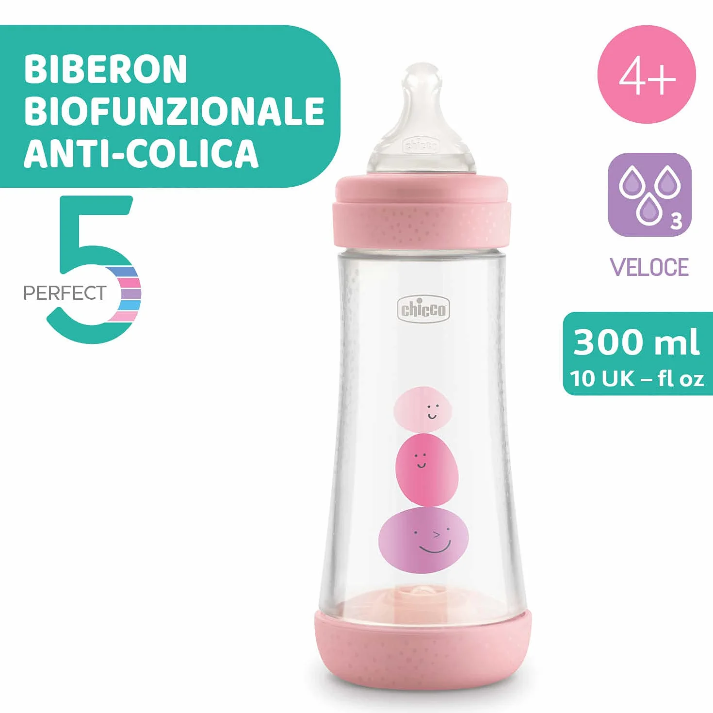 Chicco Perfect 5 Biberon Anticolica, Bimba, 300 ml, Silicone, 3 Fori, Rosa