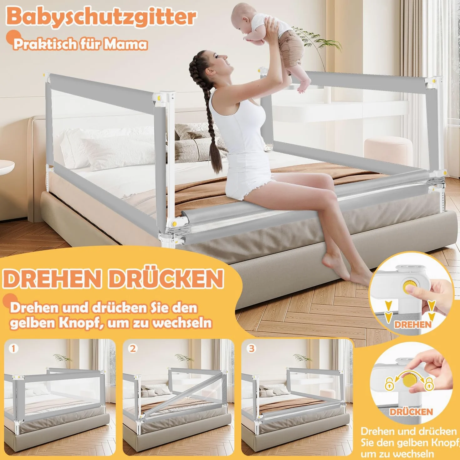 Ikodm Griglia per letto 200 cm x 2 + 150 cm x 1 cm, pieghevole con base a forma di U, griglia di protezione per lettino, altezza regolabile 68-95 cm, per bambini e letti dei genitori, grigio