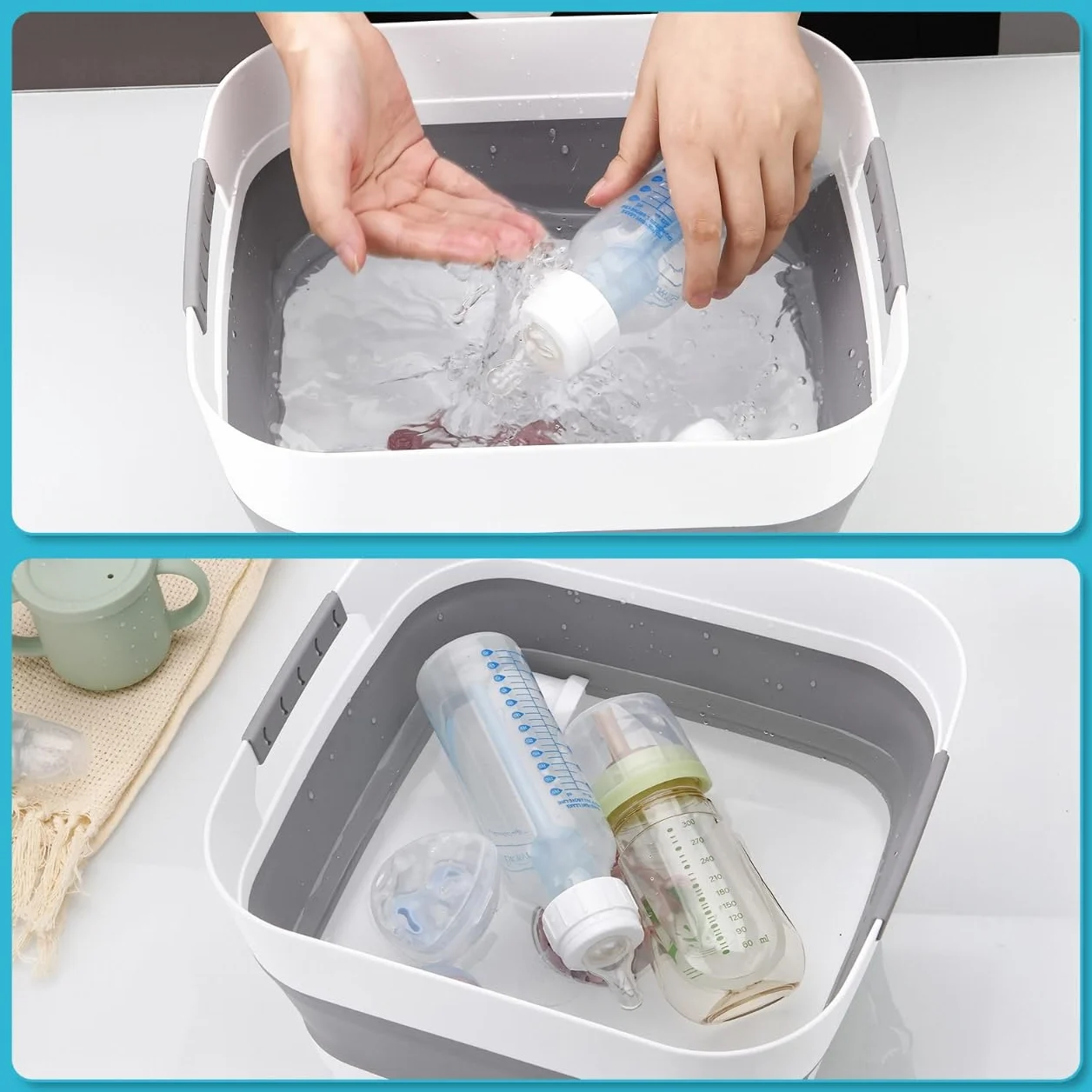 PandaEar Bacinella Pieghevole per Lavaggio Biberon, Vasca per Lavare con Tappo di Scarico per Accessori Neonato, Biberon, Tiralatte, Cucina, Campeggio e Viaggio
