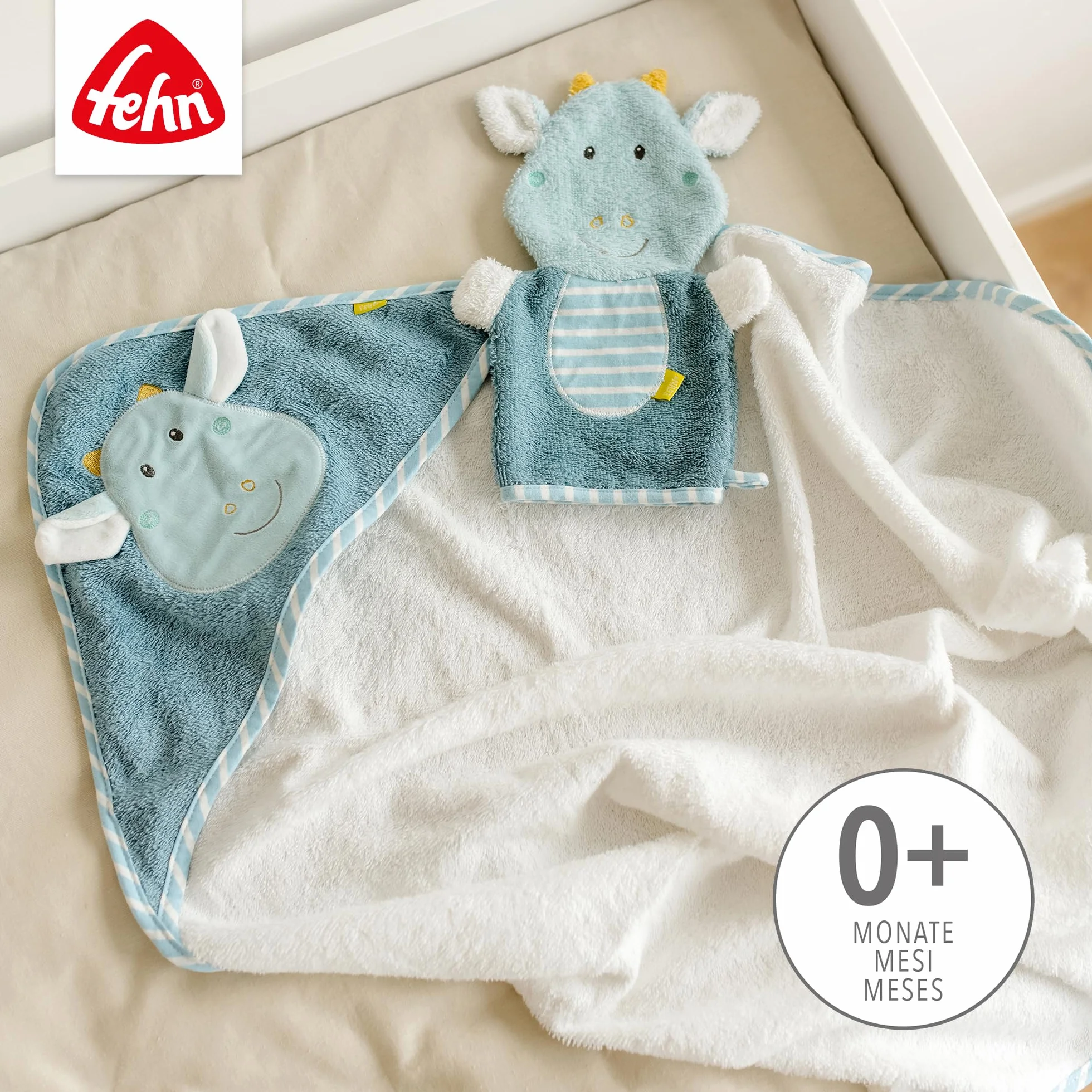 Fehn Asciugamano con cappuccio drago – poncho da bagno in spugna con cappuccio e simpatico motivo drago – assorbente e morbido – per neonati e bambini a partire da 0 mesi