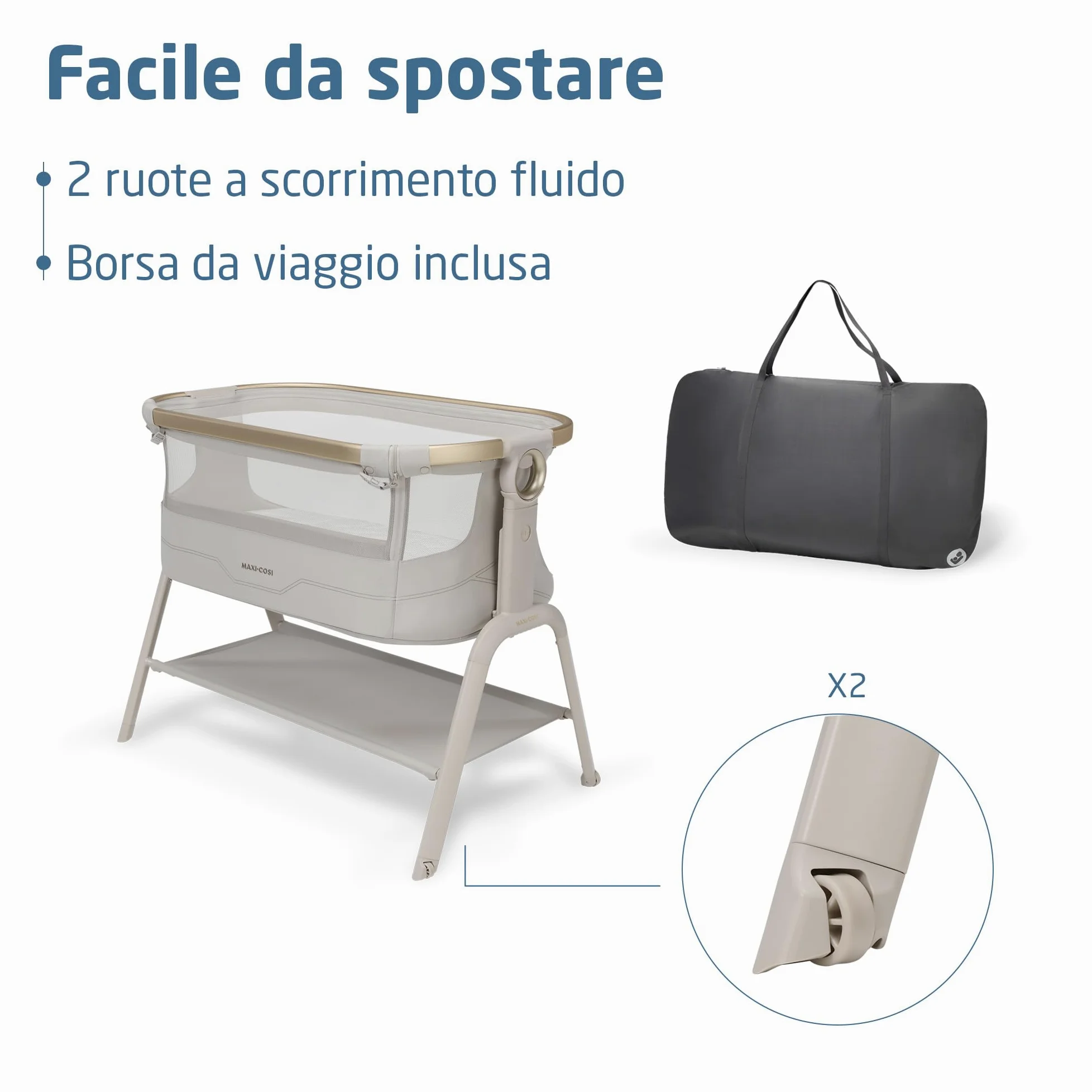 Maxi Cosi Iora² Culla Co-Sleeping, 0–6 Mesi (9 kg), Culla Neonato Fianco Letto Pieghevole e Leggera, Materasso 5 cm CloudCore, 5 Livelli, 2 Ruote Scorrevoli, Funzione Easy Slide, Elegance Beige