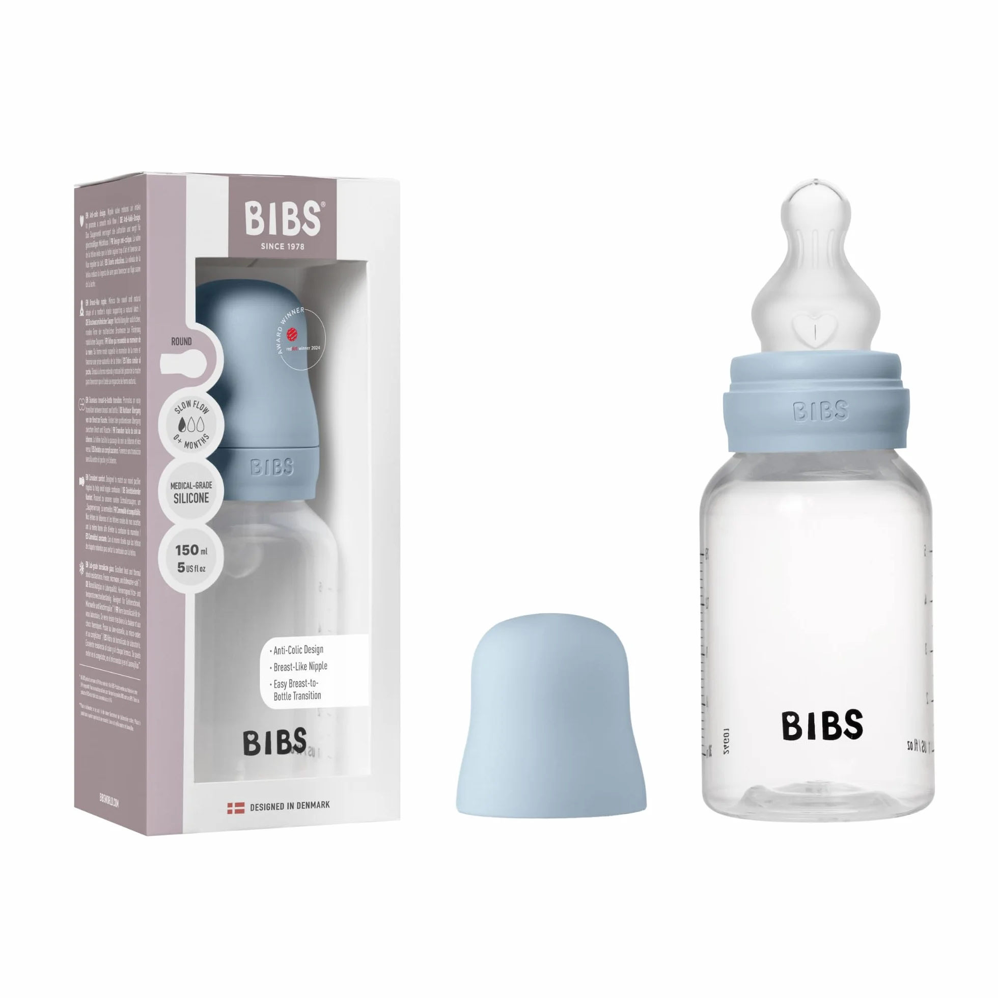 Biberon Baby BIBS 150 ml - Tettarella in silicone - Anti-coliche, senza BPA, tettarella tonda, flusso lento, leggero e facile da pulire, per neonati 0+ anni - Baby Blue