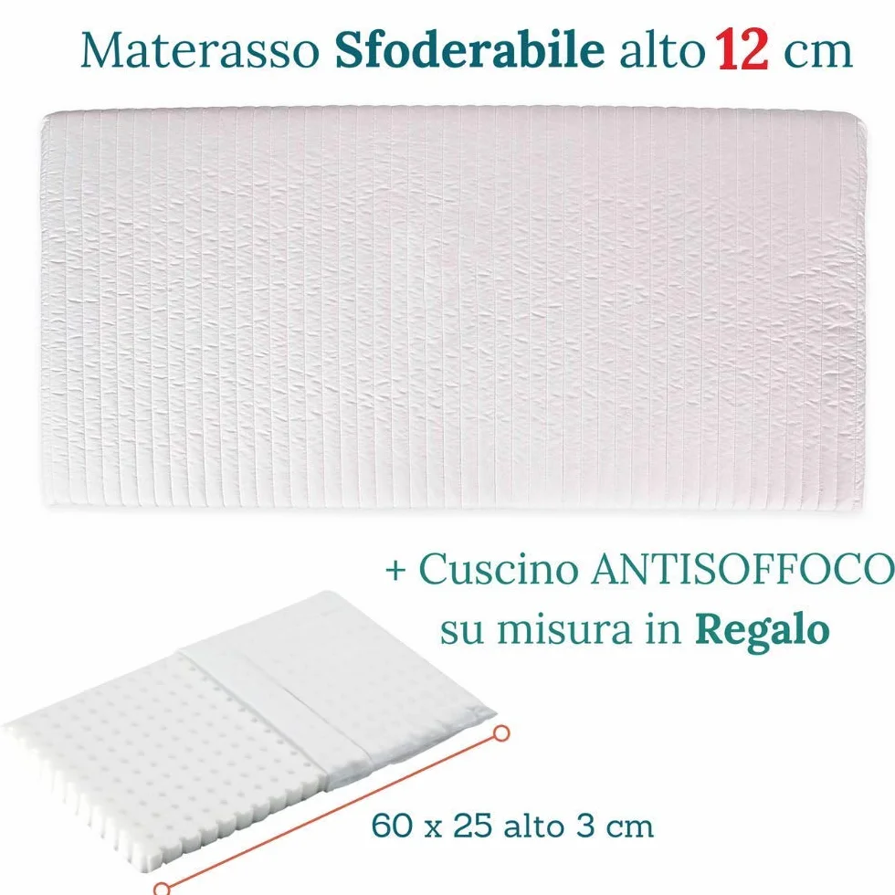 EVERGREENWEB Materasso Lettino o Culla 60x120 per Bambini alto 12 cm + Cuscino su misura GRATIS con Fodera in Cotone Naturale, Rivestimento Sfoderabile Bianco Anallergico Lavabile SYMBA