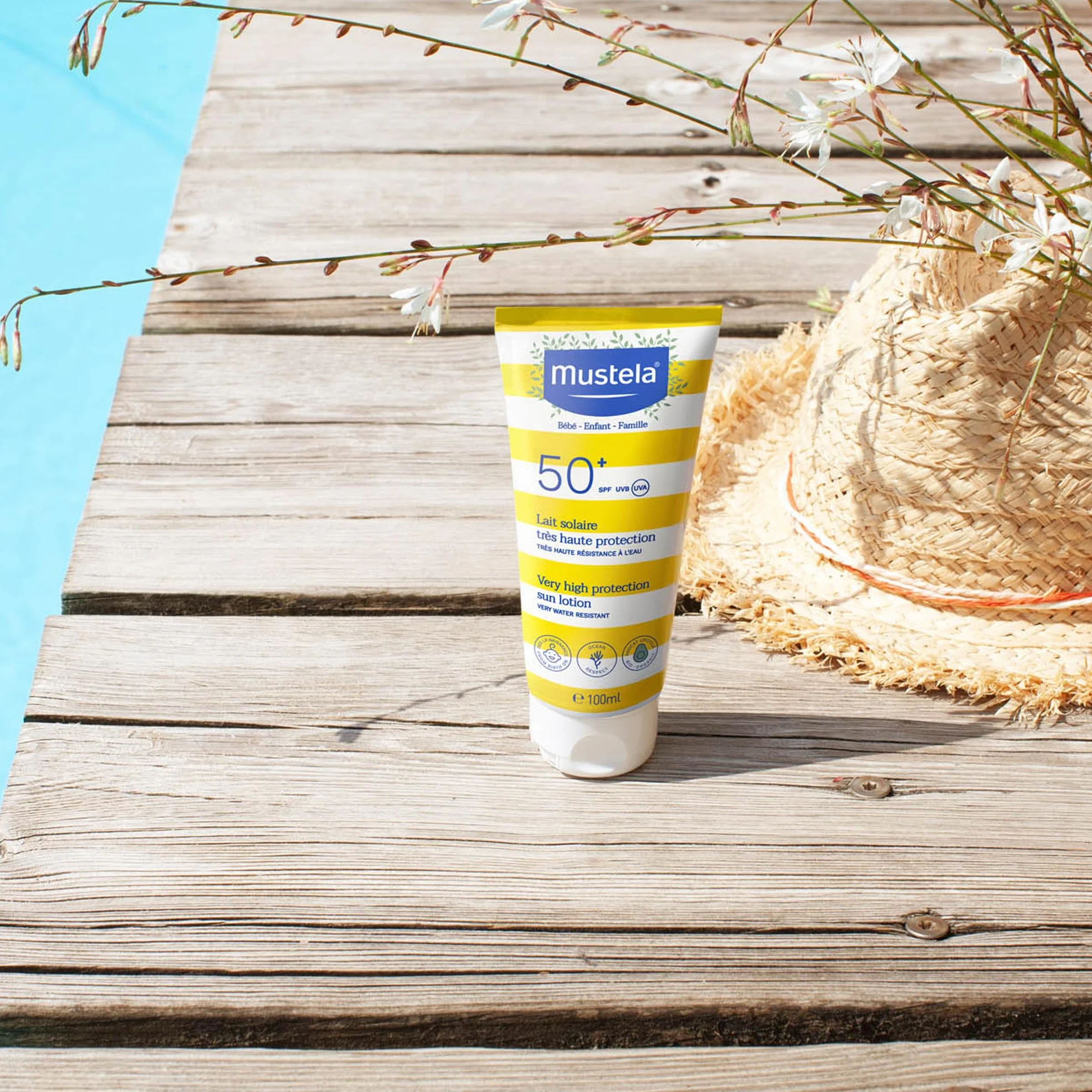Mustela Latte Solare Spf 50, Viso, Corpo, Con Perseose di Avocado, Neonati, Bambini, Tutta la Famiglia, Adatto in Gravidanza - Protezione Molto Alta dai Raggi UVB e UVA (100ml)