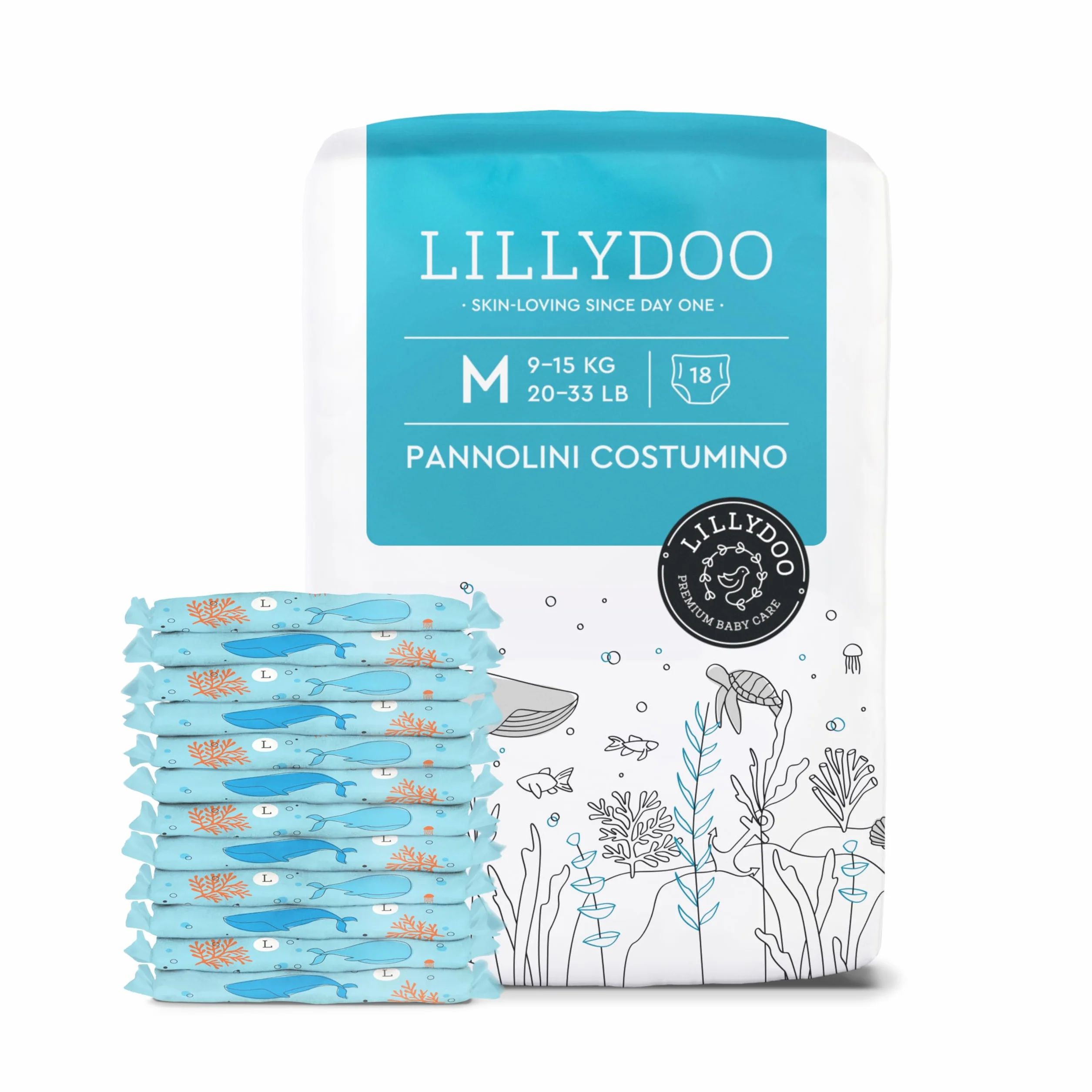 Pannolini costumino LILLYDOO monouso, delicati sulla pelle, per bambini taglia M (9-15 kg), confezione da 18 pezzi, con fantasia sottomarina – pannolini per una protezione sicura in acqua