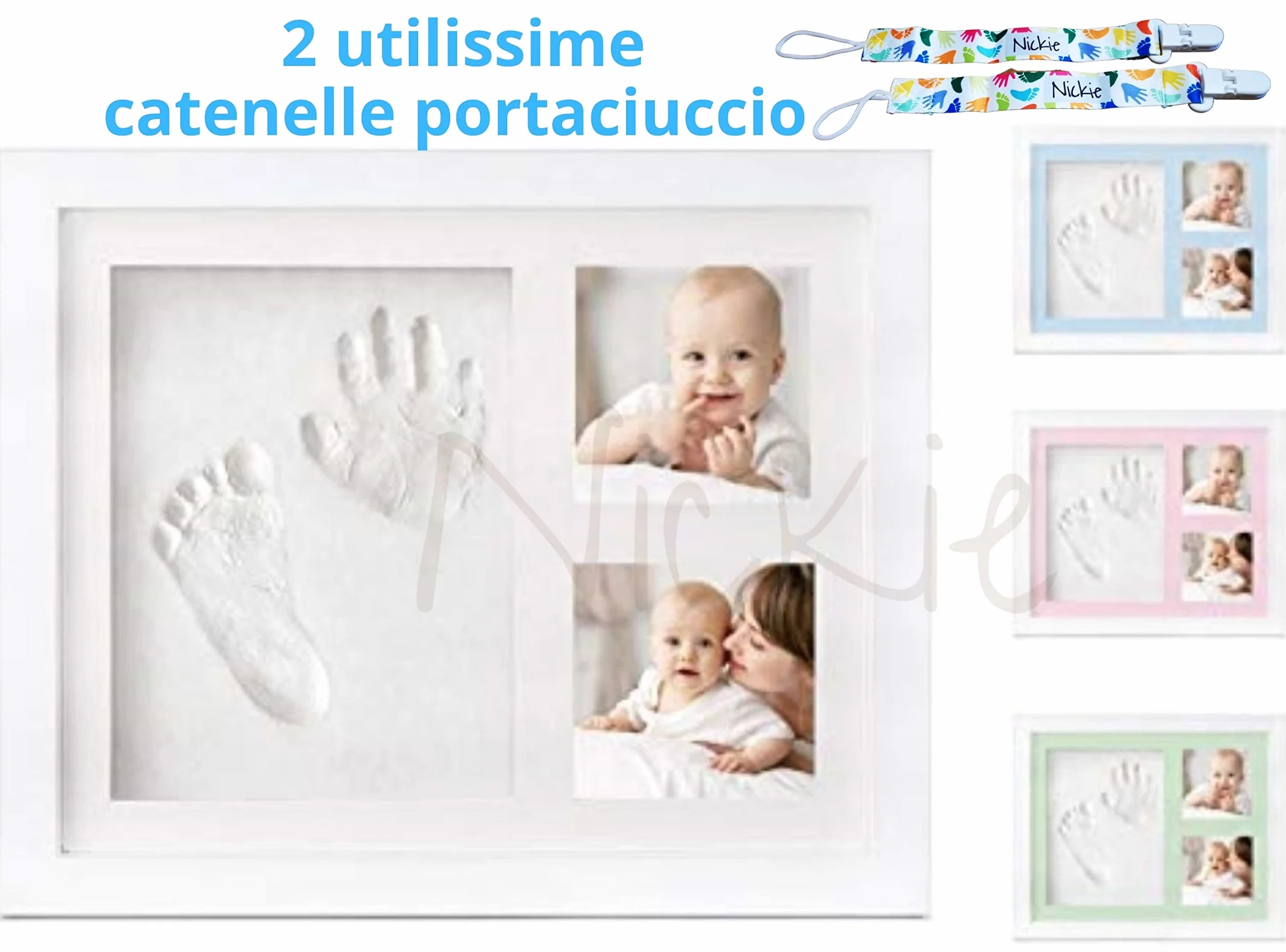 NICKIE Cornice impronte neonato - Kit impronta neonati 4 colorazioni in regalo - Quadretto impronte neonate da parete e da tavolo - Idea regalo per nascita bambino e bambina - Set impronte neonata