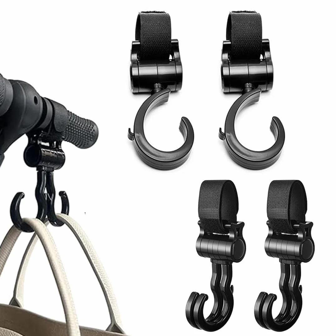 4 Pezzi Ganci Passeggino, Ganci Passeggino Universali Leggero Rotanti Appendi, Multiuso Gancio Clip Con Chiusura Regolabile, Ganci Appendere Per La Spesa Borse Pannolini Borsette (Nero)