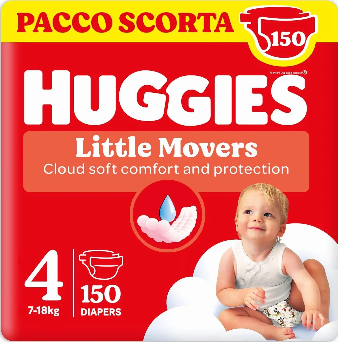 Huggies Ultra Comfort, Pannolini Taglia 4 (7-18 Kg), Design Disney, Pacco Scorta, 150 Pz