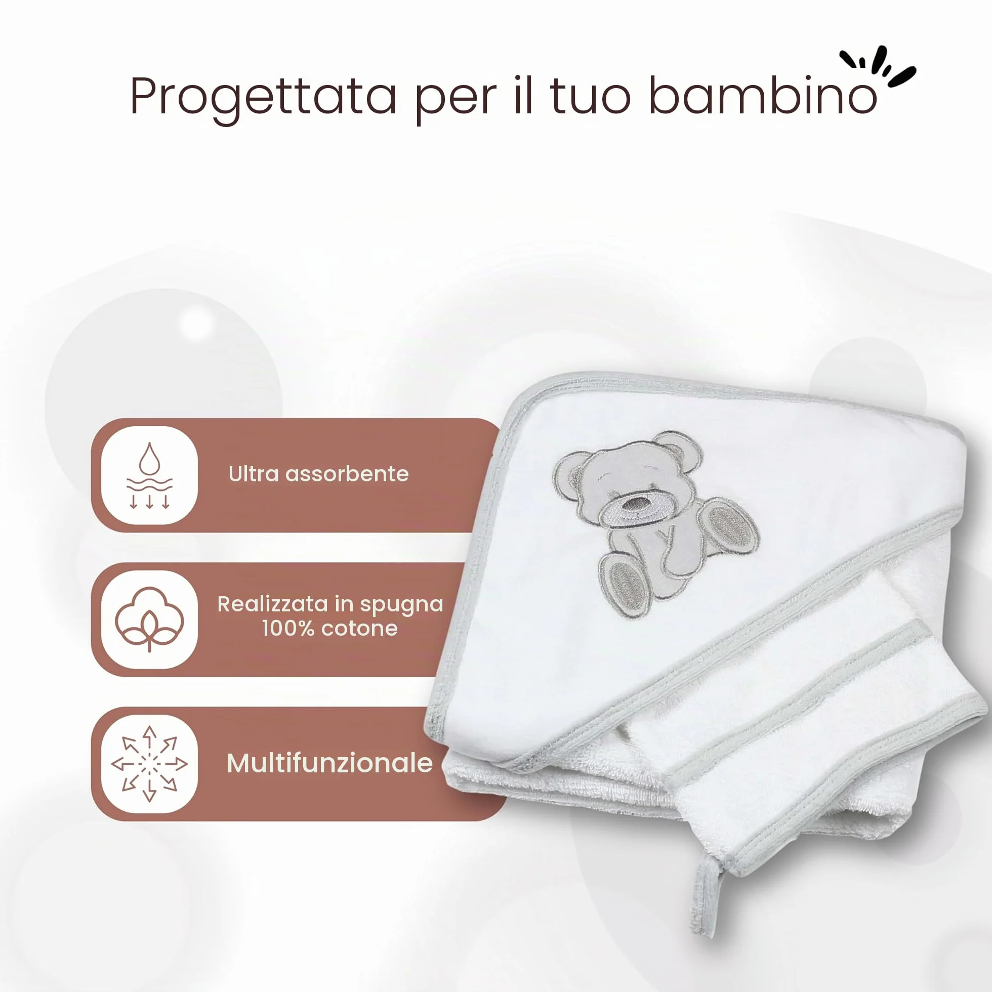 TROIS KILOS SEPT - Asciugamano da bagno per neonati con cappuccio + guanto di spugna abbinato - Morbido velluto - Asciugamano - Regalo misto per bambini e bambine - Motivo orsetto - Kinousses