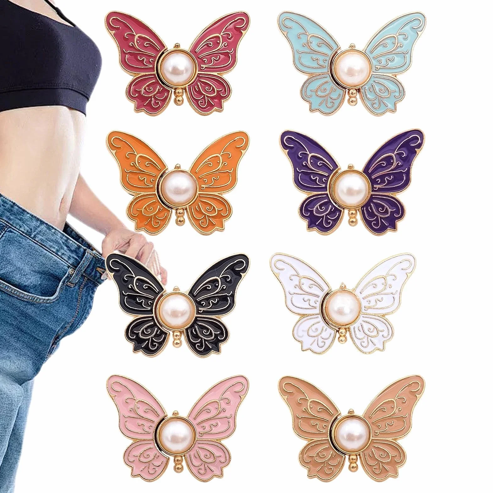 Generico Riduttori Vita Pantaloni | Bottoni Spille per Jeans Larghe a Forma Farfalla - 8 Pezzi Clip Alluminio Amovibili Riutilizzabili per Abiti Collo Cappotti Bluse