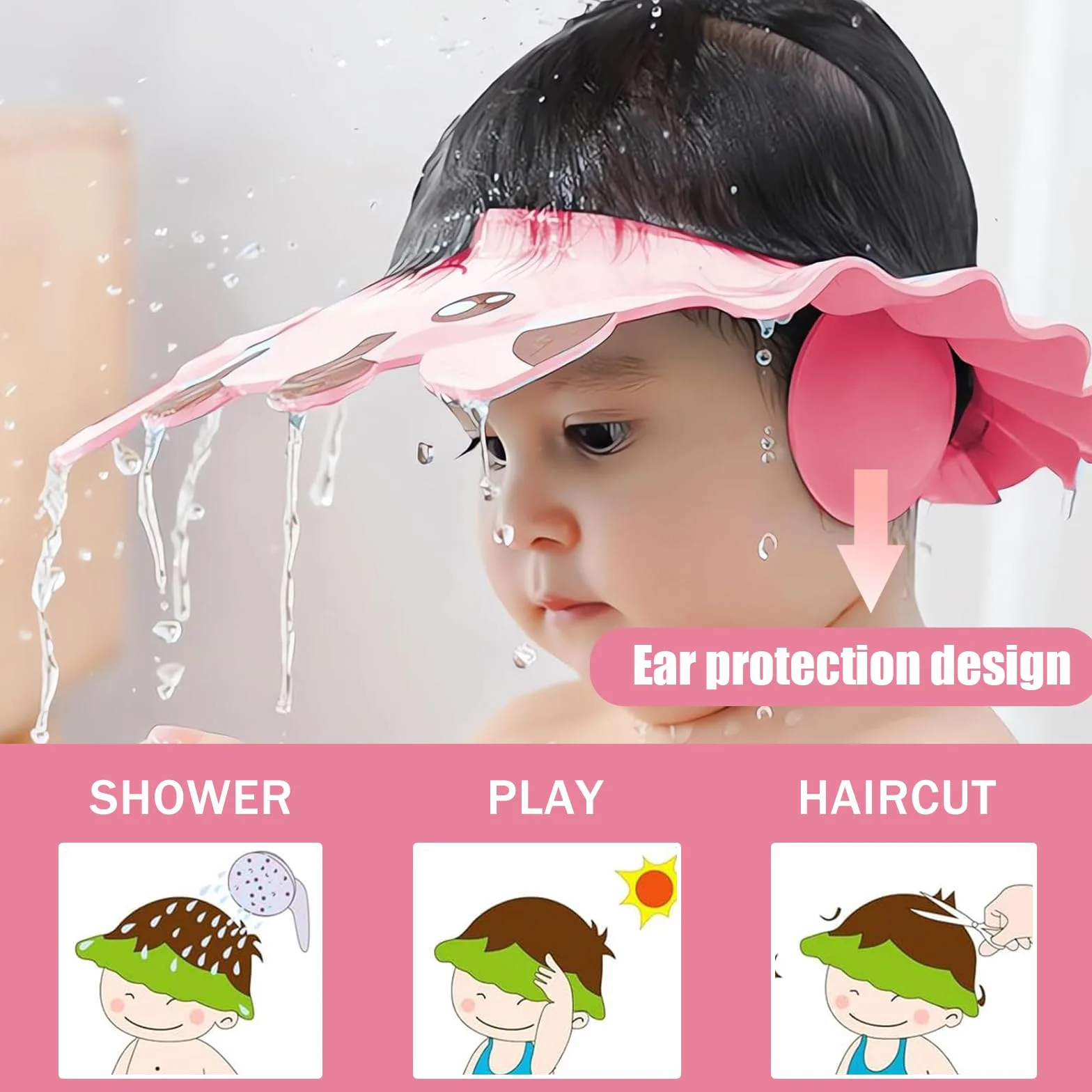 Cuffia da doccia per bambino, per bambini, cuffia da doccia, visiera da bagno, morbida, regolabile, con protezione per le orecchie, per evitare che gli occhi si riempiscano di acqua e shampoo