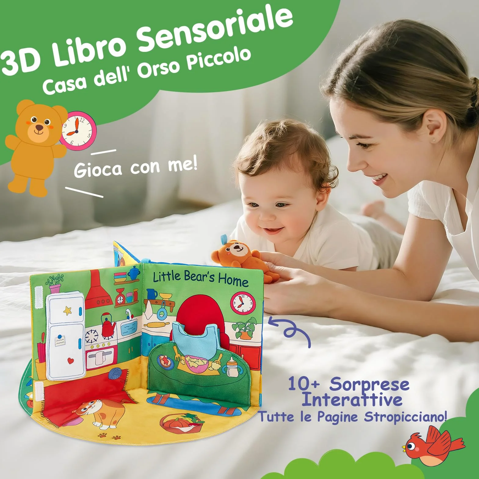 hahaland Libro Sensoriale Neonati 6-12 Mesi, 3 in 1 Morbidi Libro Montessori Interattivo con Specchio & Orsetti Rimovibili, Libri di Stoffa Giochi Tummy Time Neonato Giocattol 3 6 9 12 Mesi