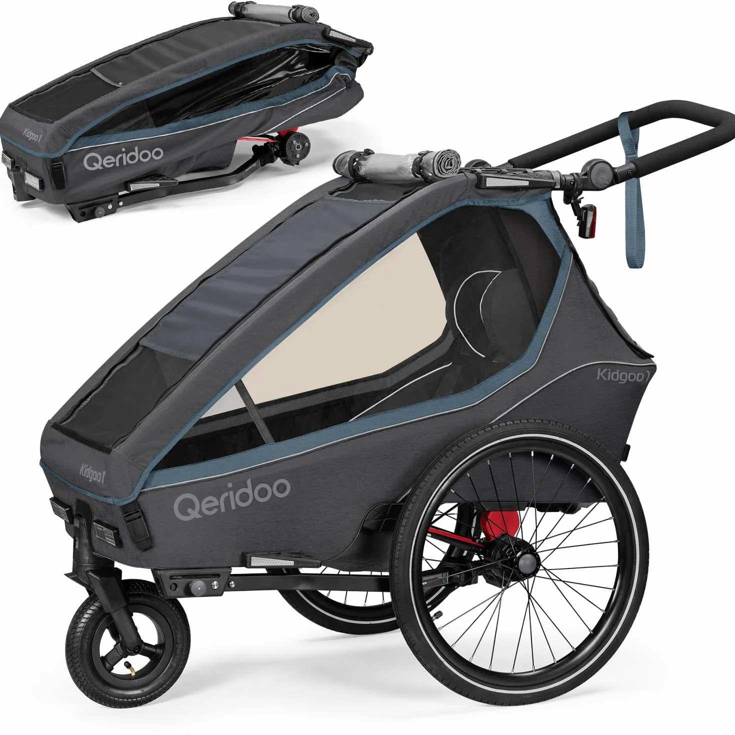 Qeridoo Rimorchio per bicicletta Kidgoo 1 Navy Blue con cintura a 5 punti e Easy ARS, pieghevole, con ruota girevole a 360 gradi e protezioni per la testa brevettate, per 1 bambino