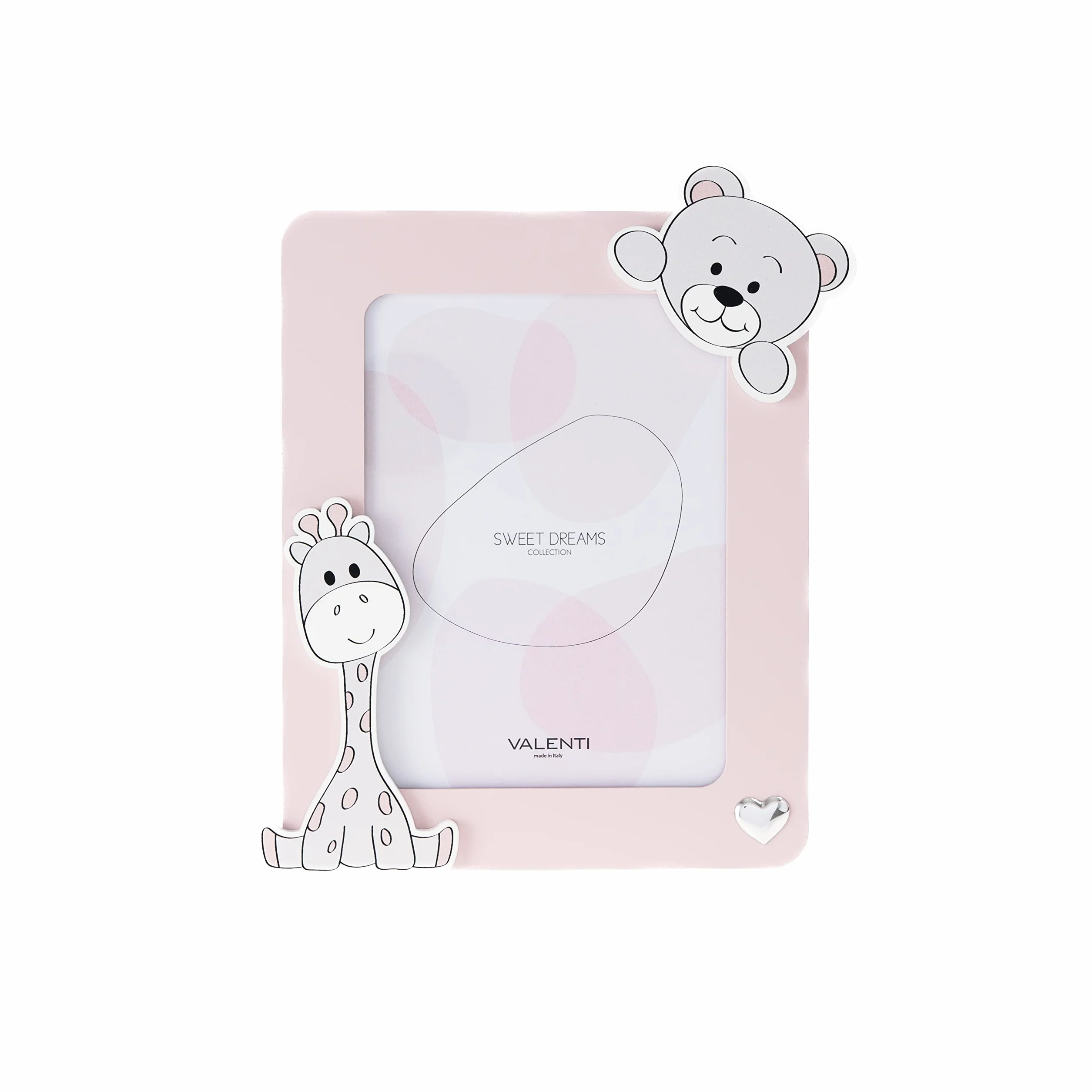 VALENTI & CO. - Cornice Porta Foto rosa in legno con animali dello zoo, da Tavolo o da appendere come decorazione in cameretta, idea regalo per Neonato e Bambino - 13x24