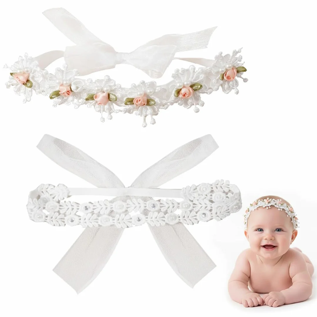2 Pcs Fascia Per Bambini, Fasce Per Capelli Per Bambini In Pizzo, Matrimonio Bambini Fascia Neonato, Fascia Pizzo Chiffon Moda Fascia Elastica Capelli