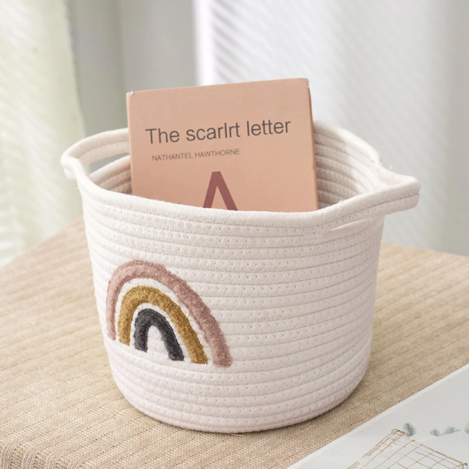Cesto portaoggetti, in tessuto con corda di cotone, decorazione arcobaleno, per asciugamani, giocattoli, vestiti