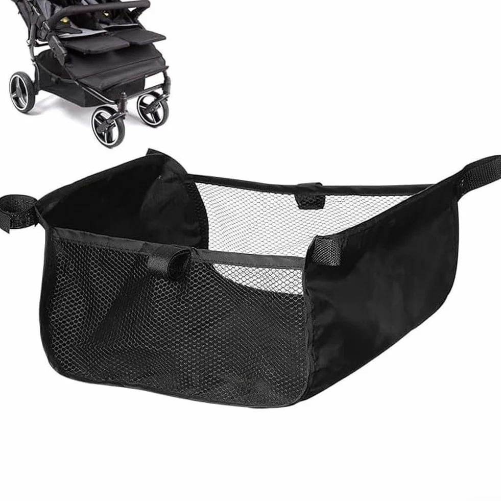 Cestino portaoggetti per passeggino di grande capacità, in rete per passeggino, resistente all'usura, in tessuto Oxford nero (600D)