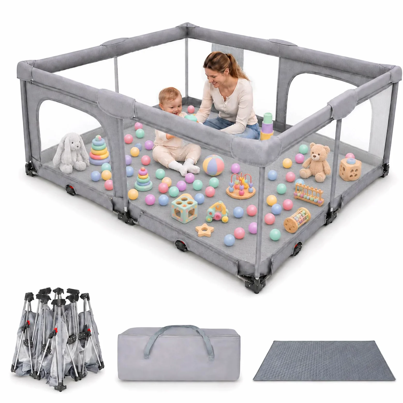 Box Pieghevole per Bambini 180 x 150 cm con Rete Traspirante | 2 Ingressi Laterali, Bordi Morbidi, Interno ed Esterno, Senza Montaggio, Anelli per Trazioni