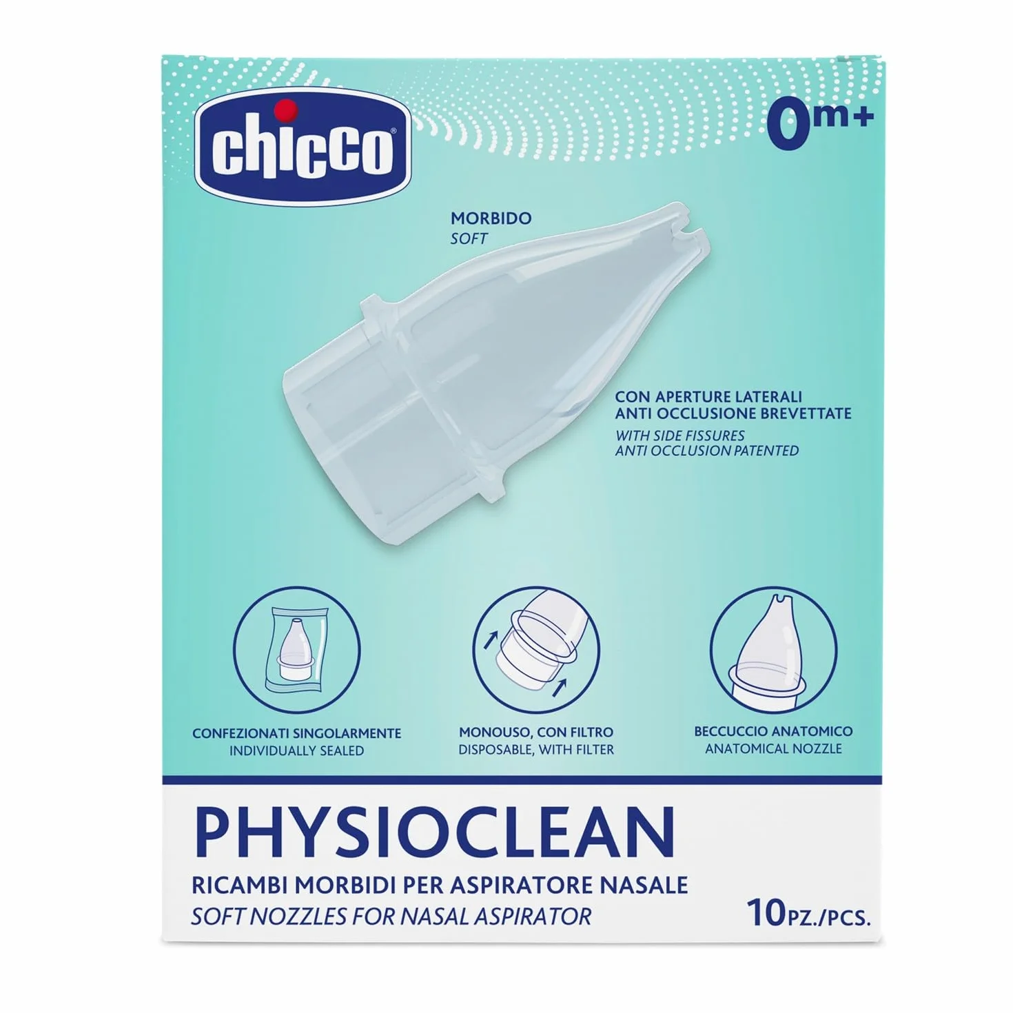 Chicco Ricambi Morbidi per Aspiratore Nasale Physioclean 0m+, 10 Beccucci Monouso Sigillati Singolarmente, Plastica Morbida e Flessibile per Nasino Delicato Bambino , Colore Bianco, 10 Pezzi