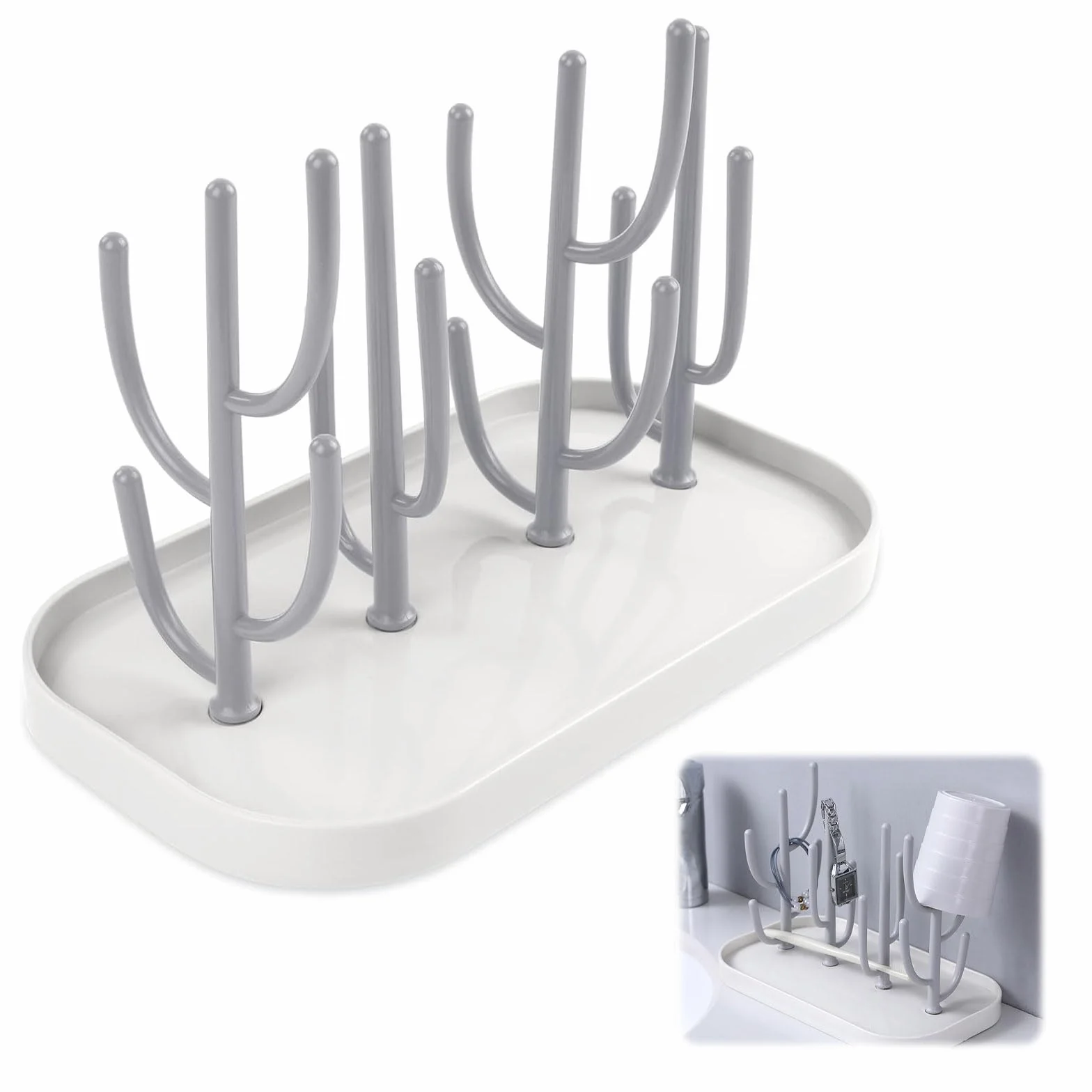 Scolapiatti per biberon, supporto con piastra rimovibile, multifunzionale per biberon, ciuccio, bicchieri, accessori per biberon (grigio)
