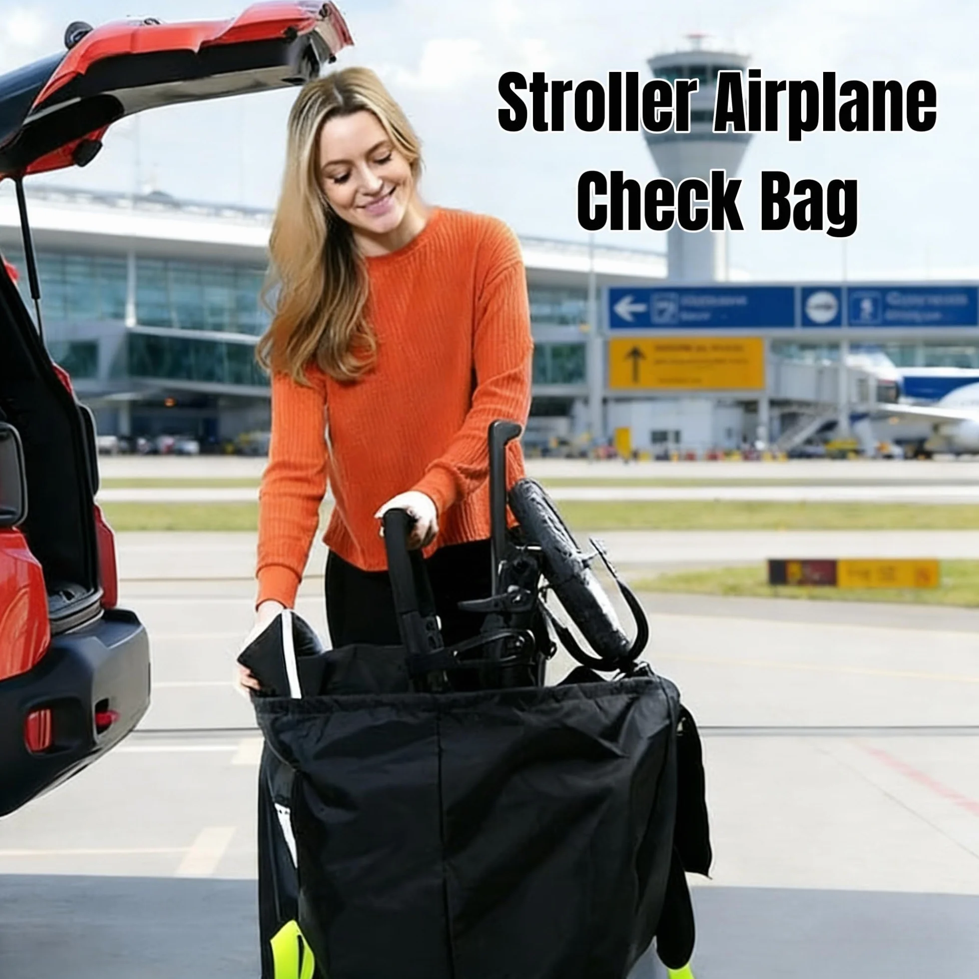 Borsa per il trasporto passeggino, aereo, 120 x 63 x 43 cm, impermeabile Oxford, multifunzionale, per viaggi in aereo e tutti i giorni, con cinghie imbottite (nero)
