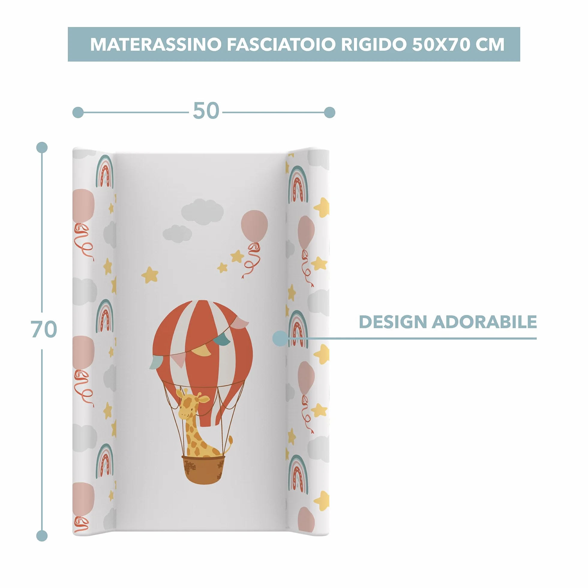Kikido Materassino Fasciatoio 50x70 - Mongolfiera - Materasso Fasciatoio in PVC con Bordi Rialzati - Materassino Universale con Spondine di Sicurezza, Universale e Impermeabile 70x50