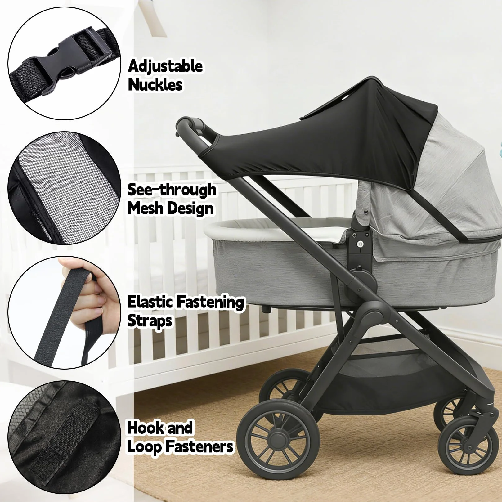 Parasole per passeggino con finestra, impermeabile, regolabile, universale, con protezione UV (nero)