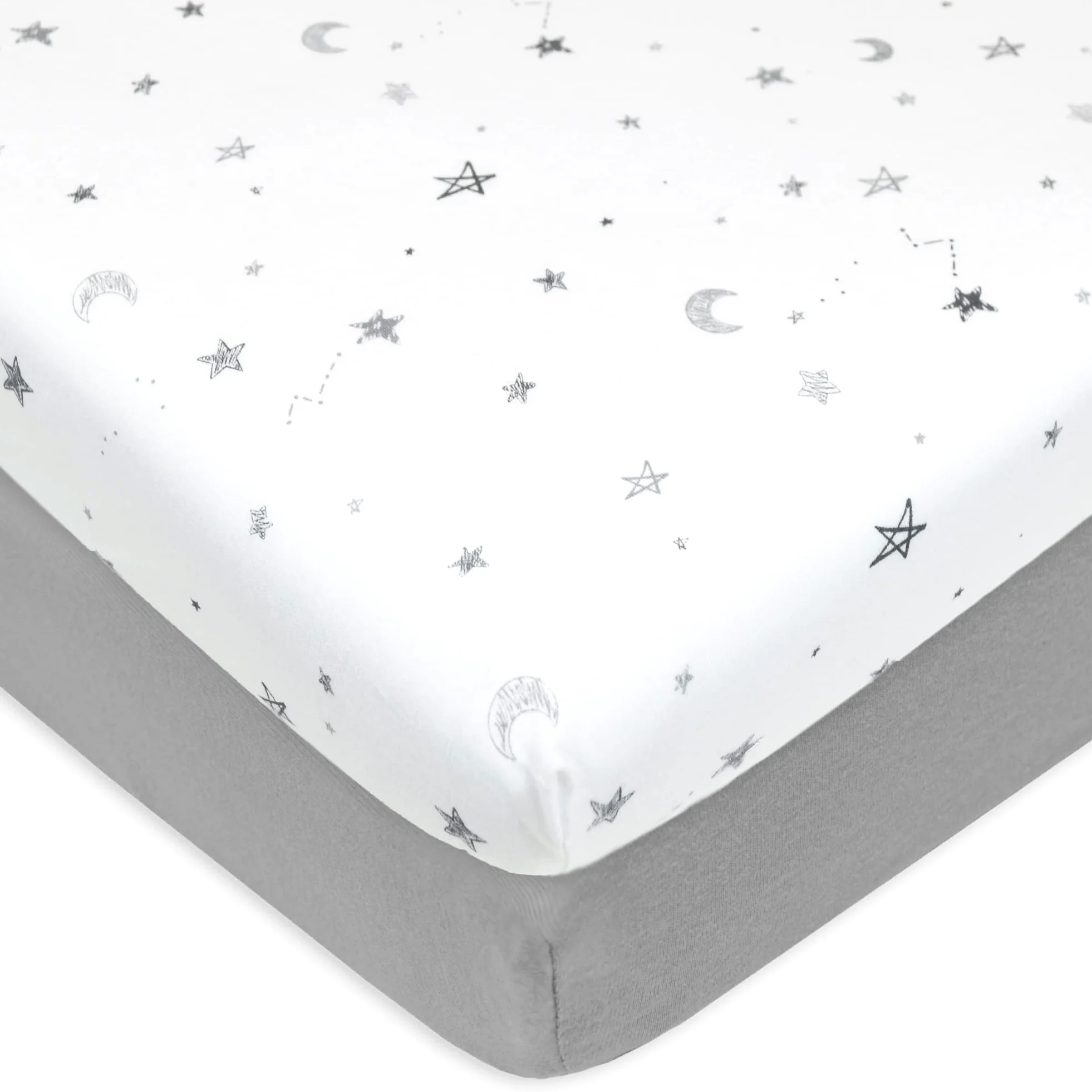 American Baby Company Confezione da 2 lenzuola con angoli in 100% cotone naturale, 99,1 x 68,6 cm, morbide e traspiranti, per playard e mini culla, grigio stelle e grigio, per ragazzi e ragazze