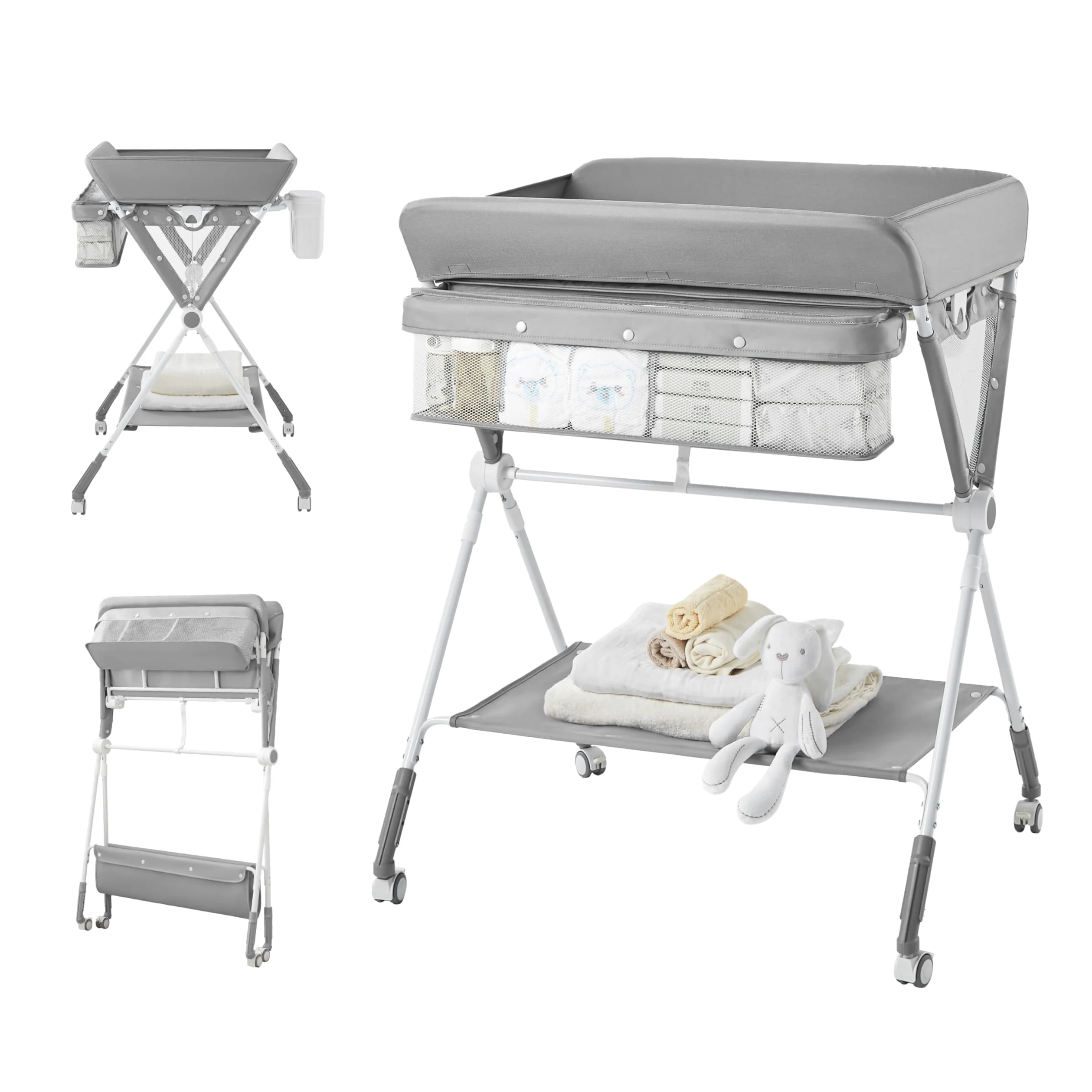 KUB - Fasciatoio portatile per bambini, pieghevole, con ruote, fasciatoio con 3 livelli di altezza, fasciatoio portatile con grandi organizzatori, grigio