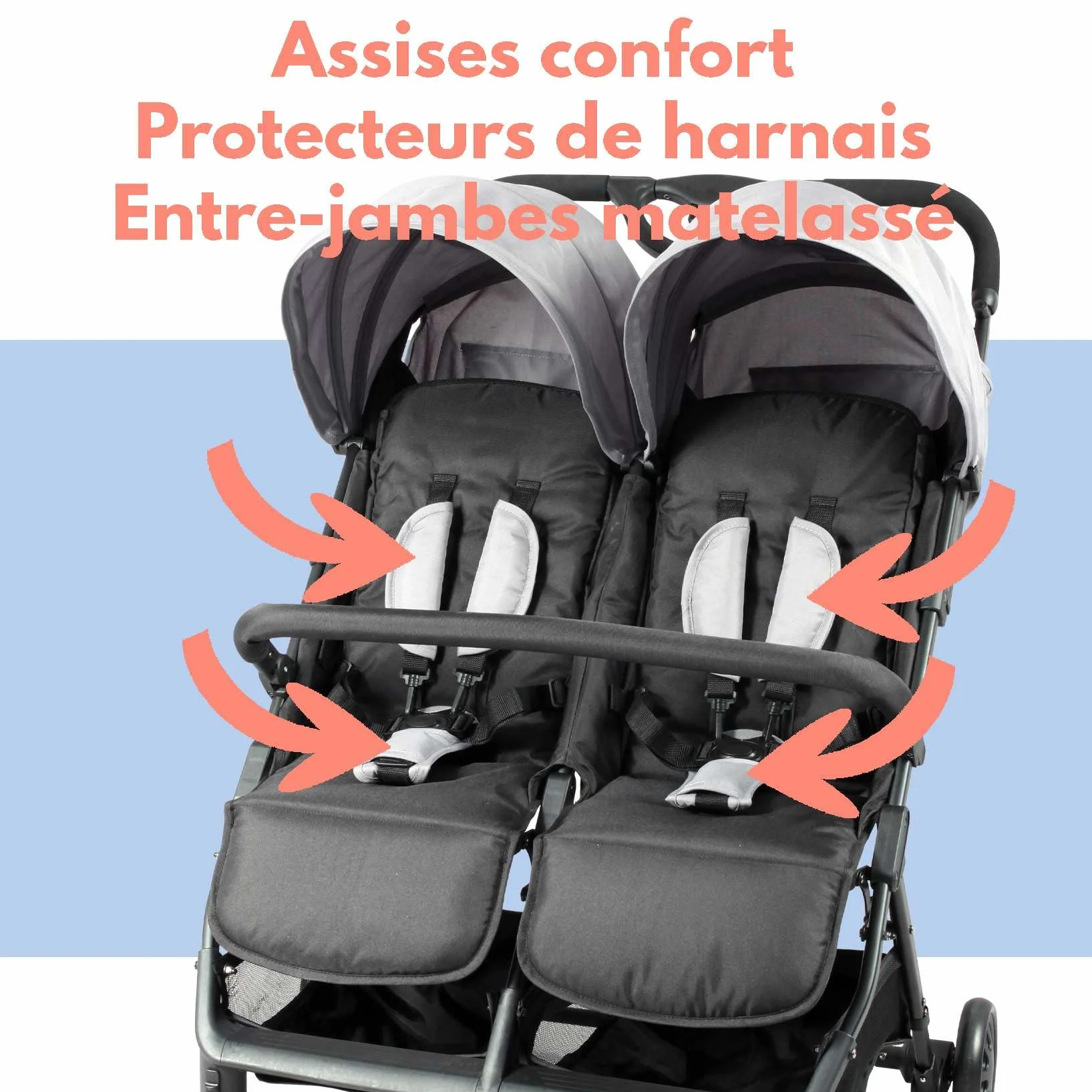 Bambisol Passeggino a doppia costa | Ideale per gemelli fin dalla nascita con pieghevole ultra-compatto | Colore nero e grigio