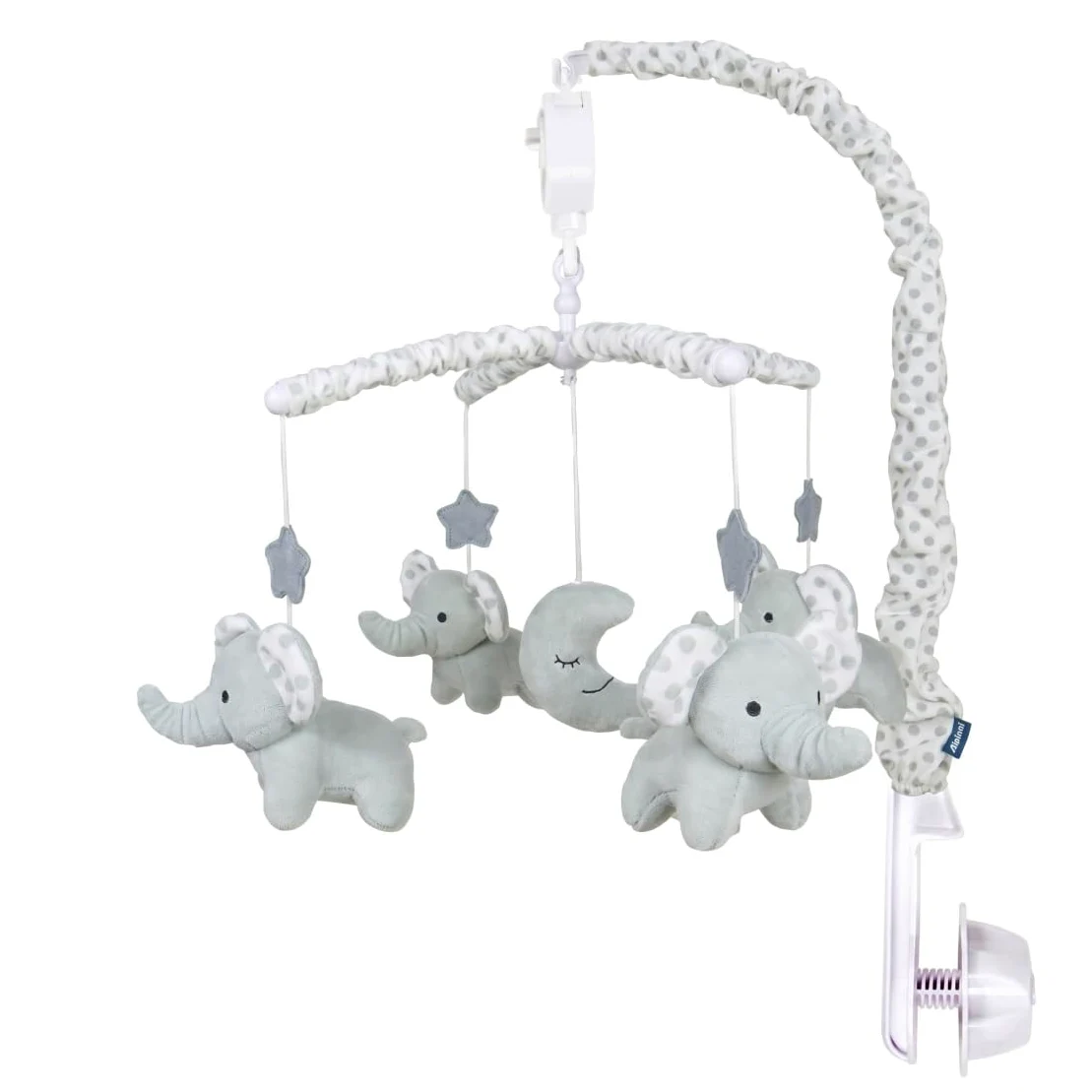 Giostrina per lettino, giostrina musicale con elefante rotante, grigio | Carillon a carica con elefanti di peluche per lo sviluppo sensoriale, la decorazione della cameretta e l'intrattenimento per