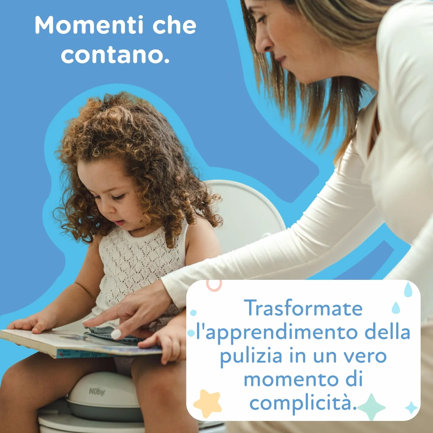 Nuby - Vasino portatile per bambini da viaggio - Wc portatile 2 in 1 Riduttore wc bambini o uso in autonomia - Con protezione paraschizzi e sacchetti usa e getta - Per imparare a usare il bagno