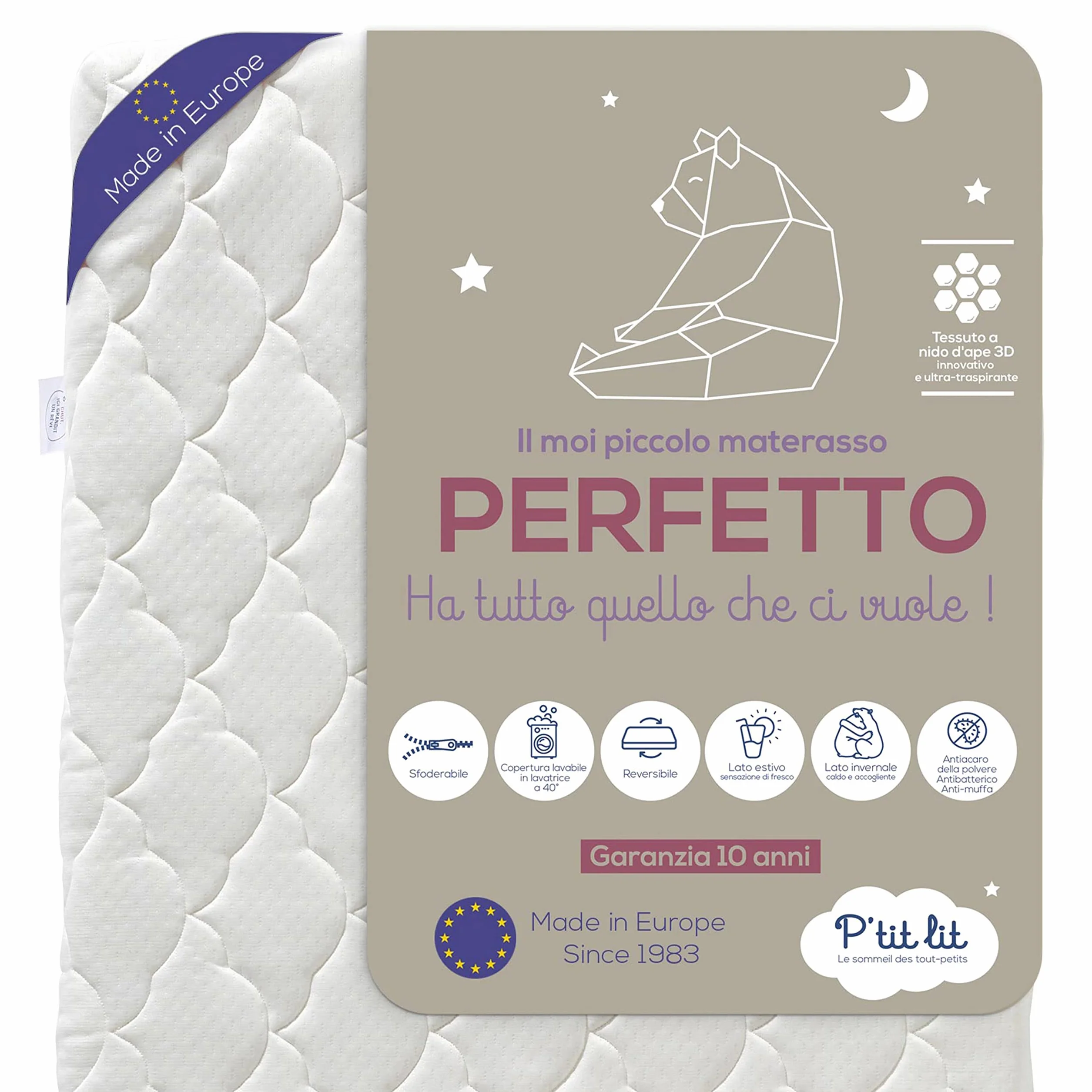 P'tit lit - Materasso Lettino Bambino Perfetto | 70x140 cm | 2 lati : Ultra traspirante l'estate/caldo e avvolgente l'inverno | Antiacaro | Sfoderabile | Spessore fino a 10 cm