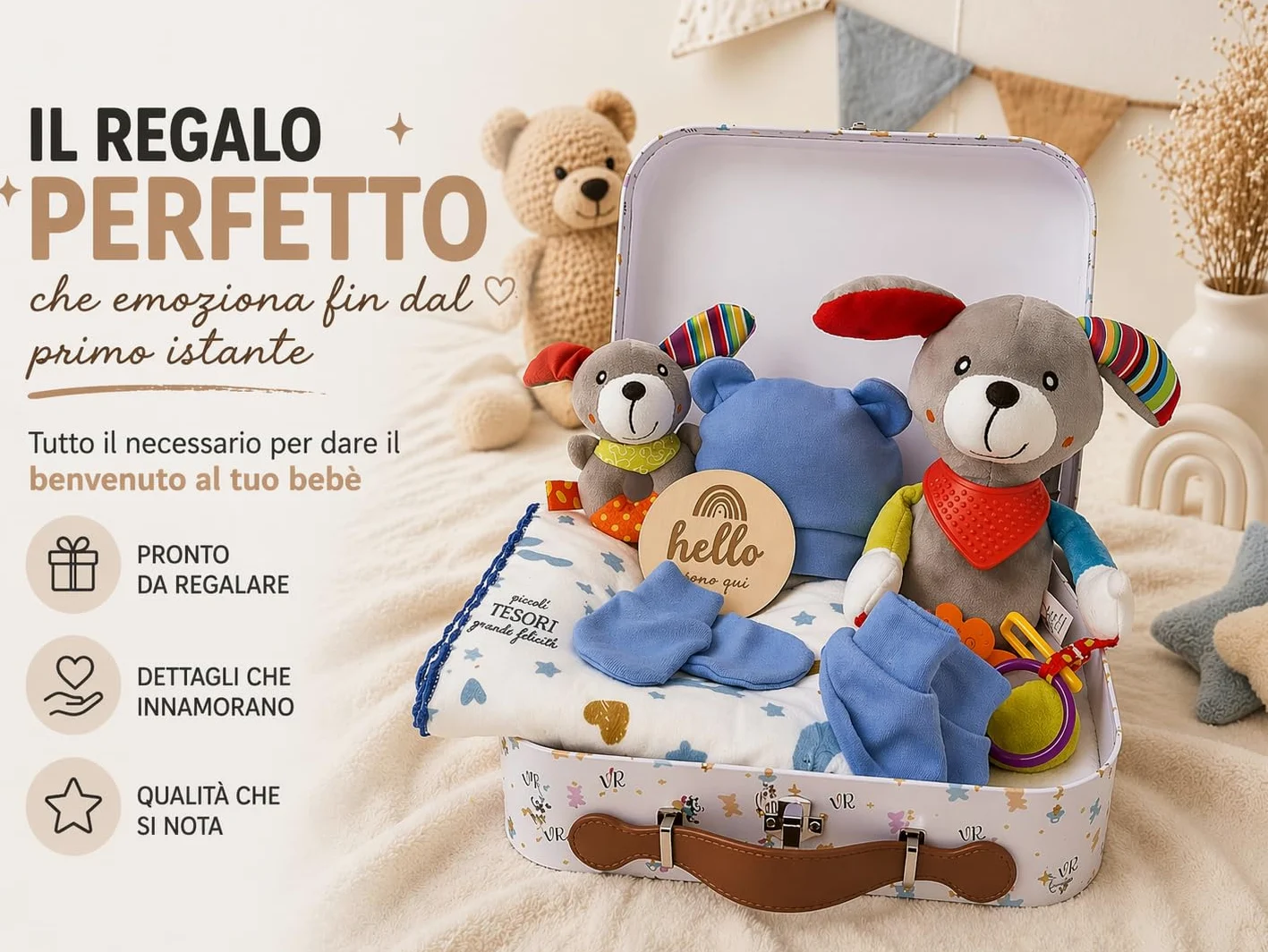 Regalo Neonato Maschio Femmina - Regalo Nascita Bimbo Bimba - Set Nascita 8 Pezzi con Valigetta, Copertina in Cotone, Peluche e Sonaglio - Cofanetto Regalo